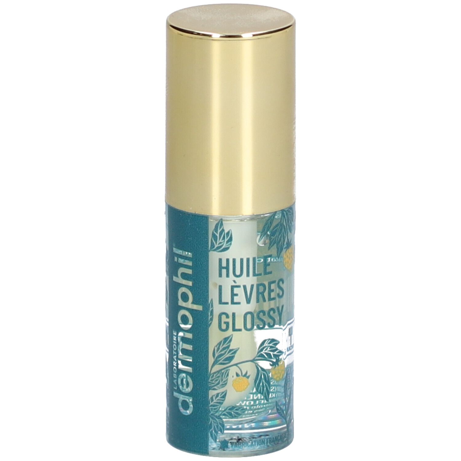 Dermophil Indien Lippenöl Glossy. Zylindrische Flasche mit goldenem Deckel. Türkis-grünes Etikett mit floralem Muster.