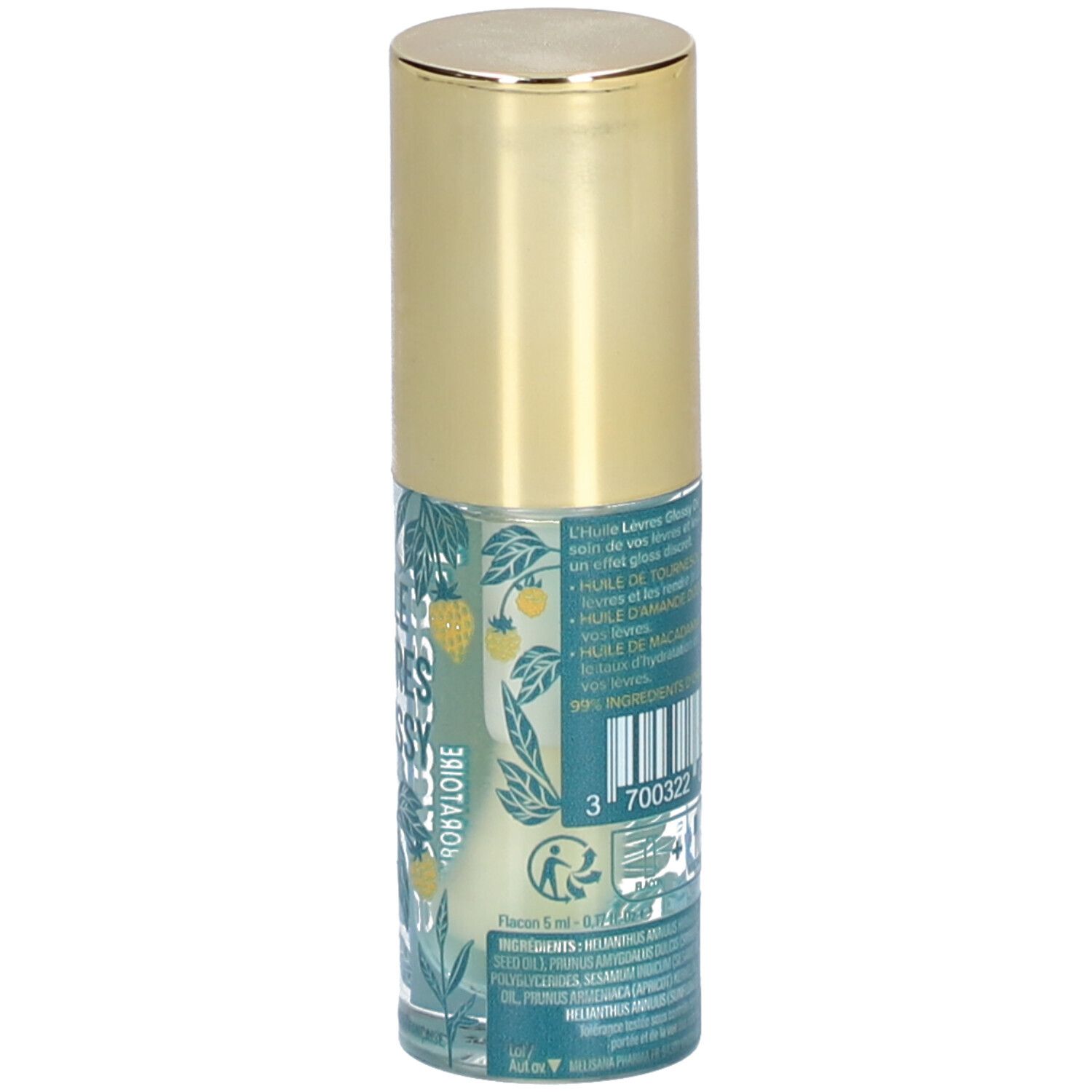 Rückseite der Dermophil Indien Lippenöl Glossy Flasche. Türkis-grünes Etikett mit Text und Barcode. Goldener Deckel.