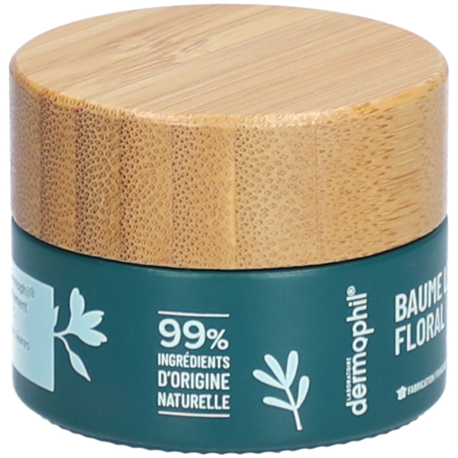 Dunkelgrüner Tiegel mit Holzdeckel. Aufschrift: 99% Ingrédients d'origine naturelle. Marke: dermophil.
