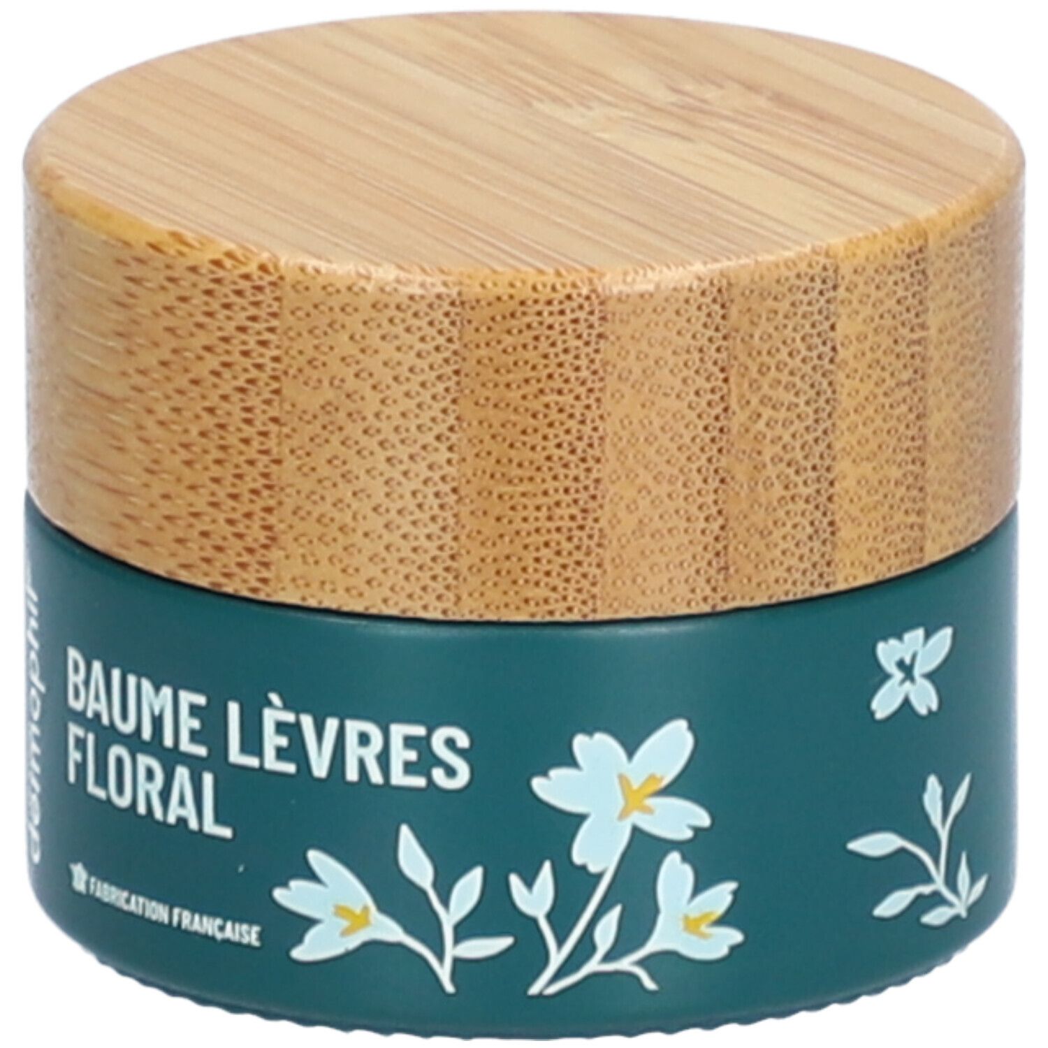 Dunkelgrüner Tiegel mit Holzdeckel. Aufschrift: BAUME LÈVRES FLORAL. Weiße Blumenmuster. Marke: dermophil.