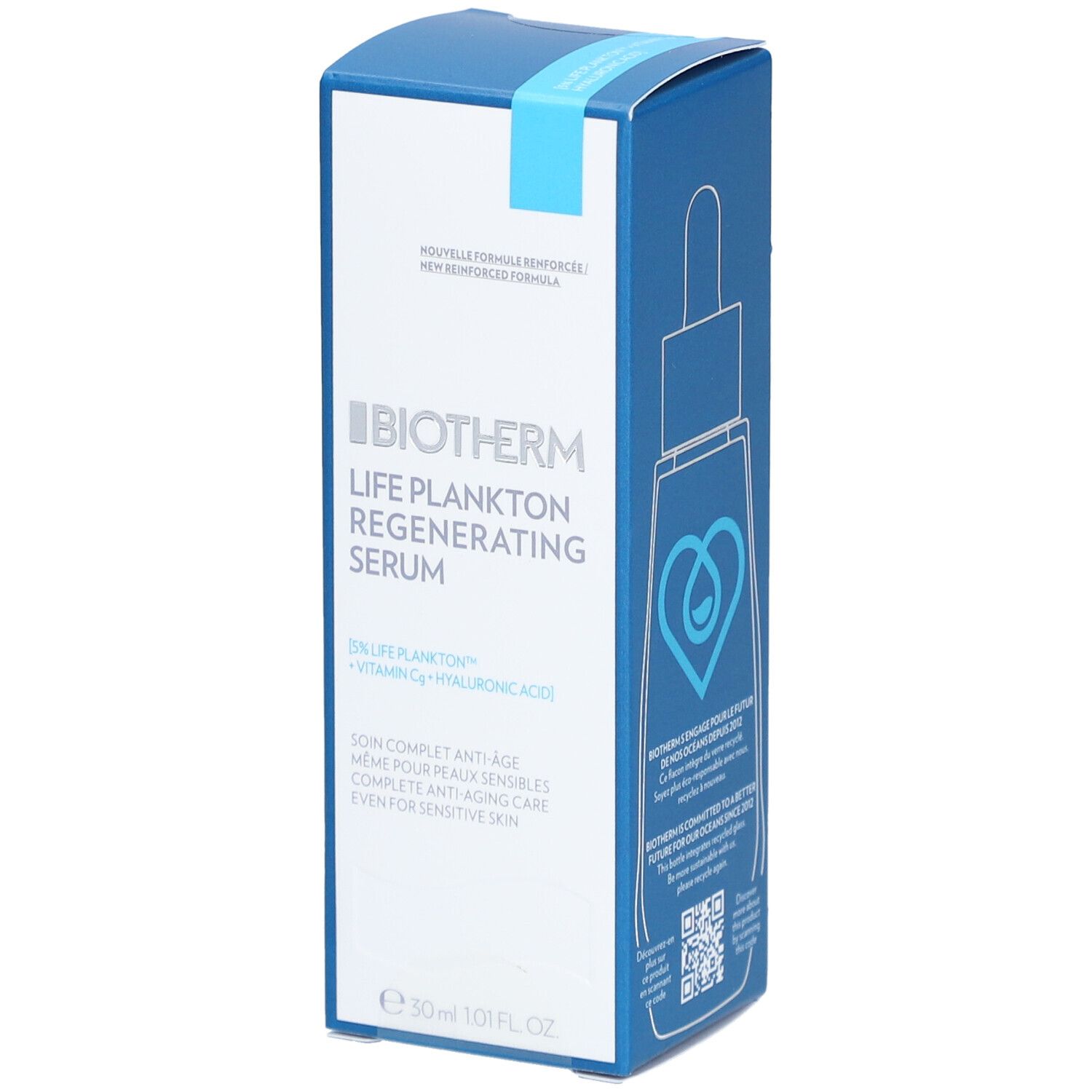 Blauw-witte verpakking met productnaam en logo. Bevat Biotherm Life Plankton Regenerating Serum. Fles van 30 ml.