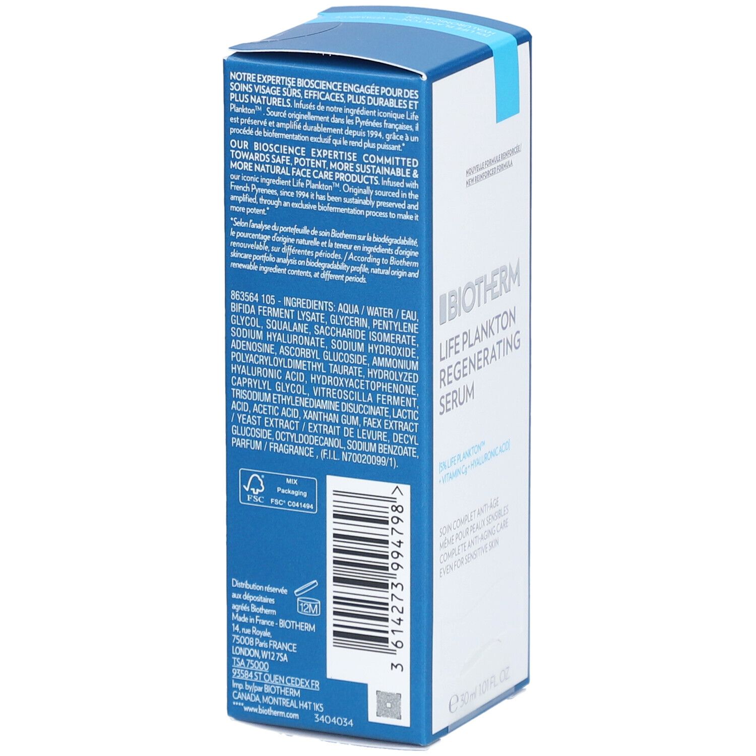 Zijaanzicht van de verpakking met ingrediënten en informatie. Bevat Biotherm Life Plankton Regenerating Serum.