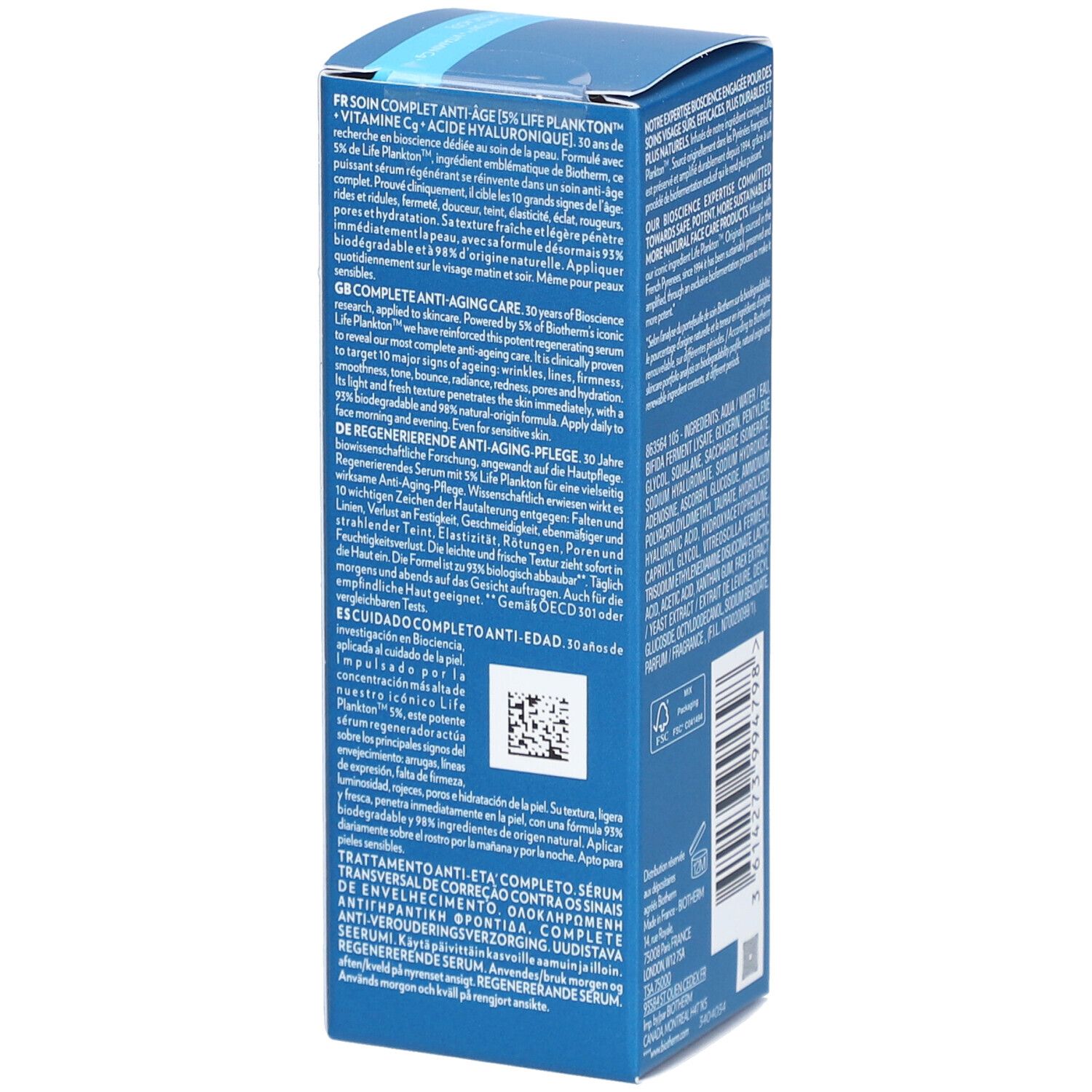Achterkant van de verpakking met productinformatie in verschillende talen. Bevat Biotherm Life Plankton Regenerating Serum.