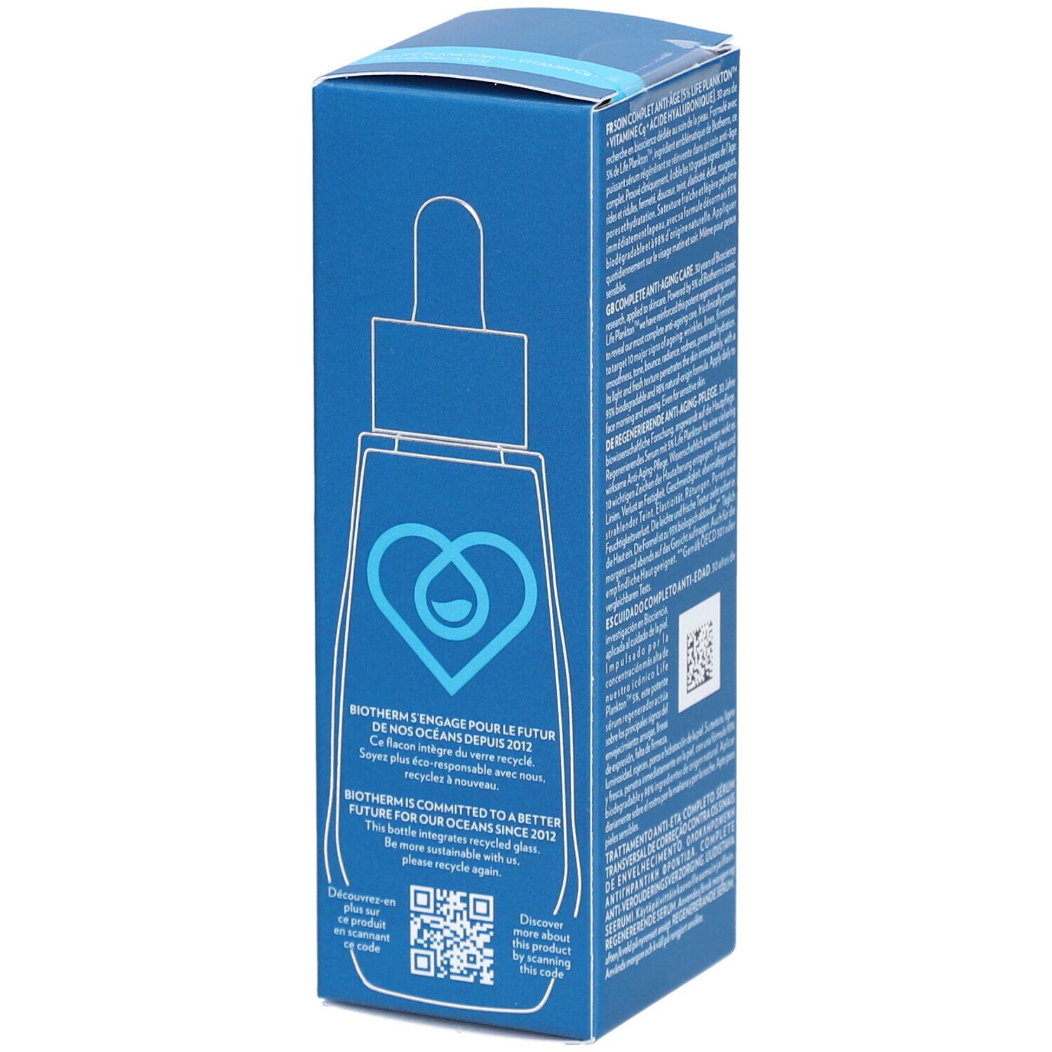Zijaanzicht van de verpakking met logo en informatie. Bevat Biotherm Life Plankton Regenerating Serum.
