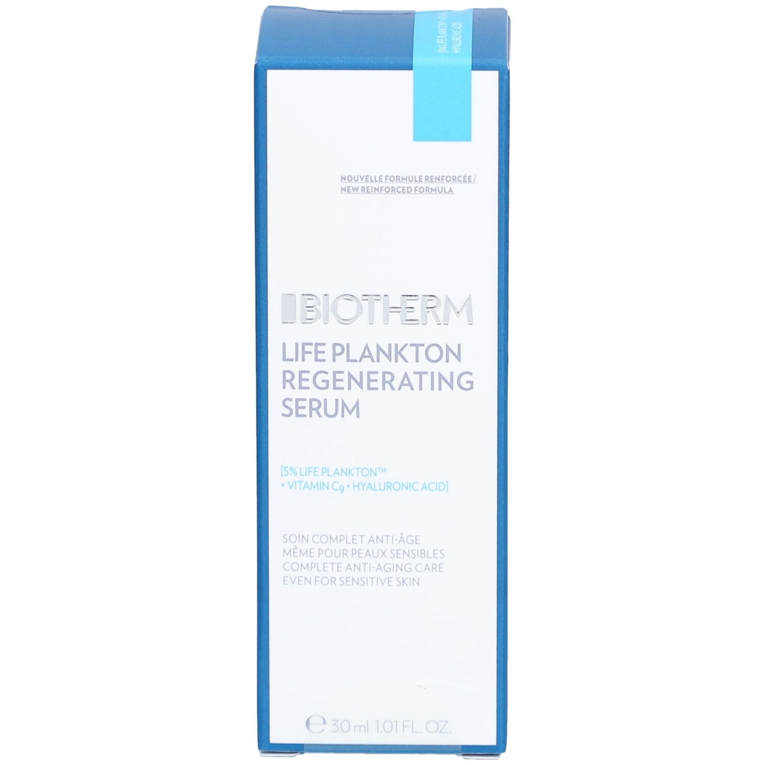 Vooraanzicht van de verpakking met productnaam en logo. Bevat Biotherm Life Plankton Regenerating Serum. Fles van 30 ml.