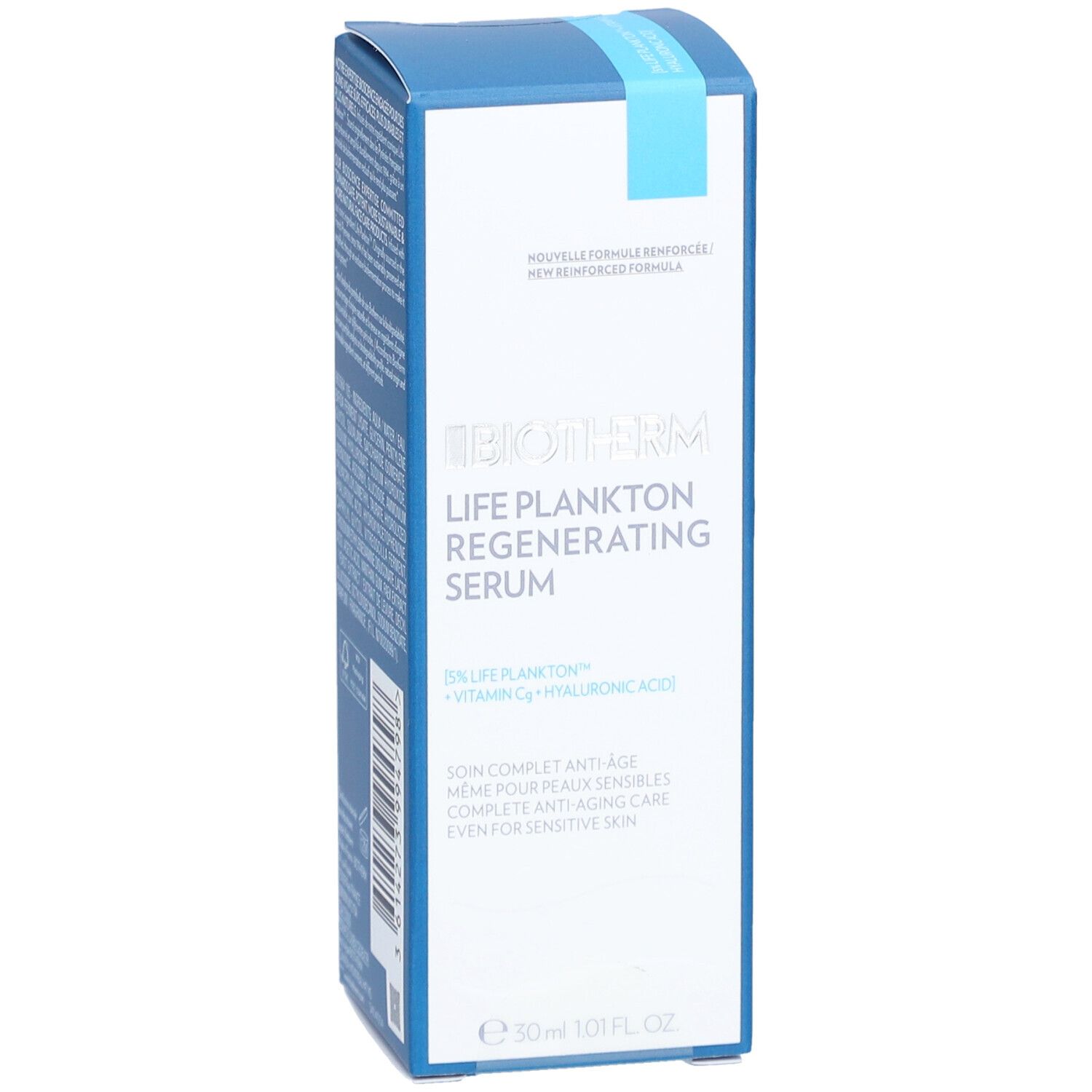 Schuine weergave van de verpakking met productnaam en logo. Bevat Biotherm Life Plankton Regenerating Serum. Fles van 30 ml.