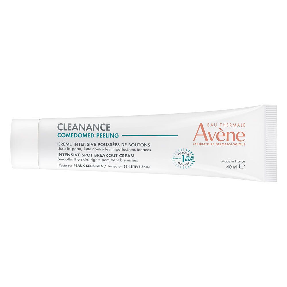 Tube blanche avec nom du produit et marque. 40 ml. Écriture verdâtre. "Intensive Spot Breakout Cream".