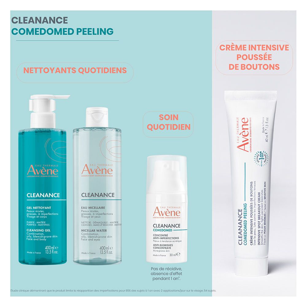 Gamme de produits. Gel nettoyant, eau micellaire, crème et tube. Tube blanc avec nom du produit et marque.