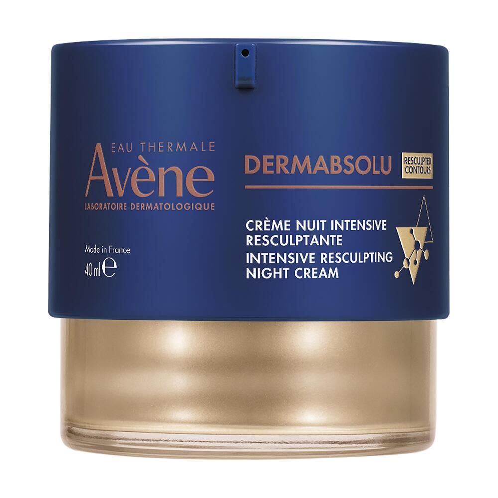 Pot de crème avec couvercle bleu et contenant doré. Inscription : Avene Dermabsolu, crème de nuit, 40 ml.