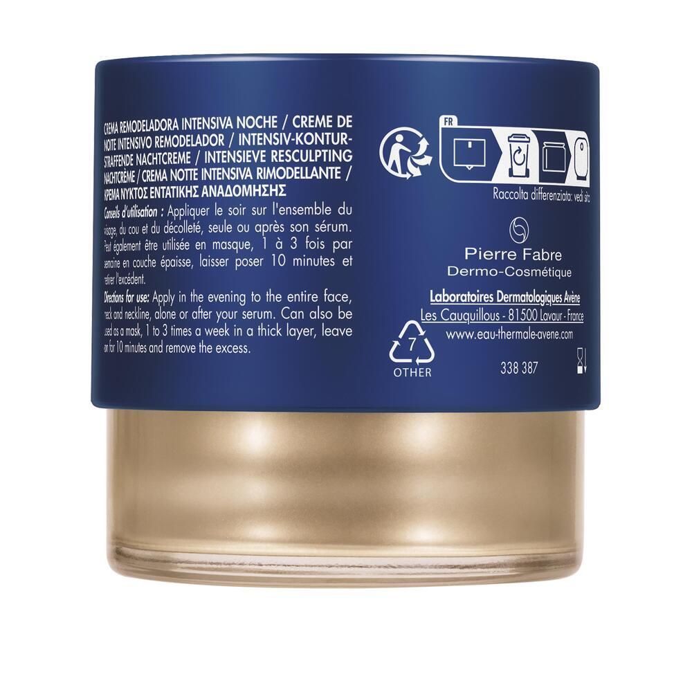 Dos du pot de crème. Texte : conseils d'utilisation, ingrédients, informations fabricant, symbole de recyclage.