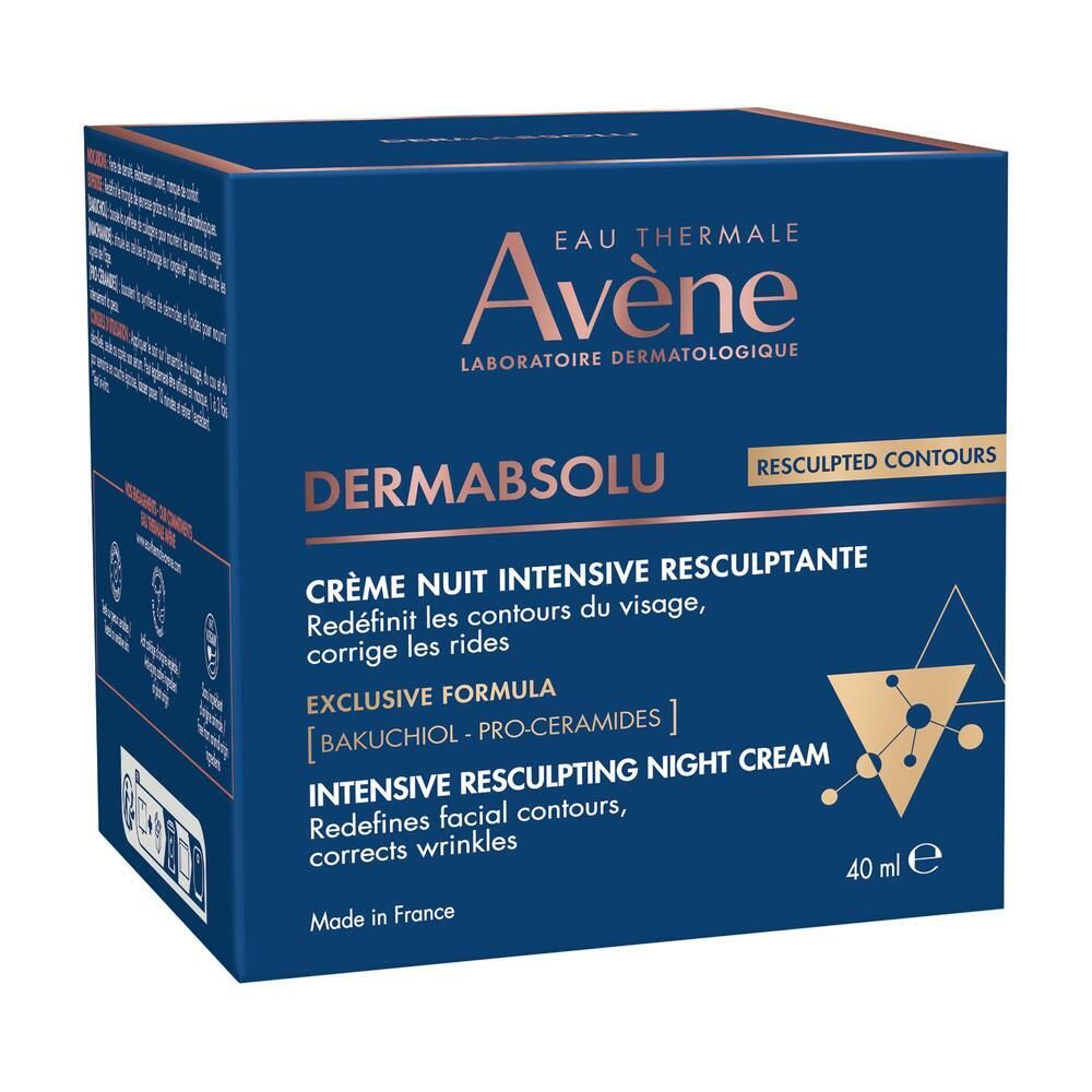 Boîte bleue avec texte blanc. Texte : Avene Dermabsolu, crème de nuit, 40 ml. Contient du bakuchiol et des pro-céramides.