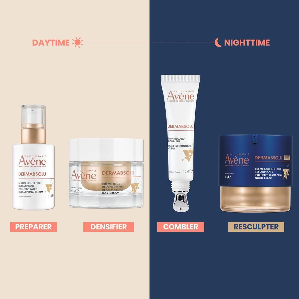 Aperçu des produits. Produits : sérum, crème de jour, crème contour des yeux, crème de nuit. Étiquettes : Daytime, Nighttime, Preparer, Densifier, Combler, Resculpter.
