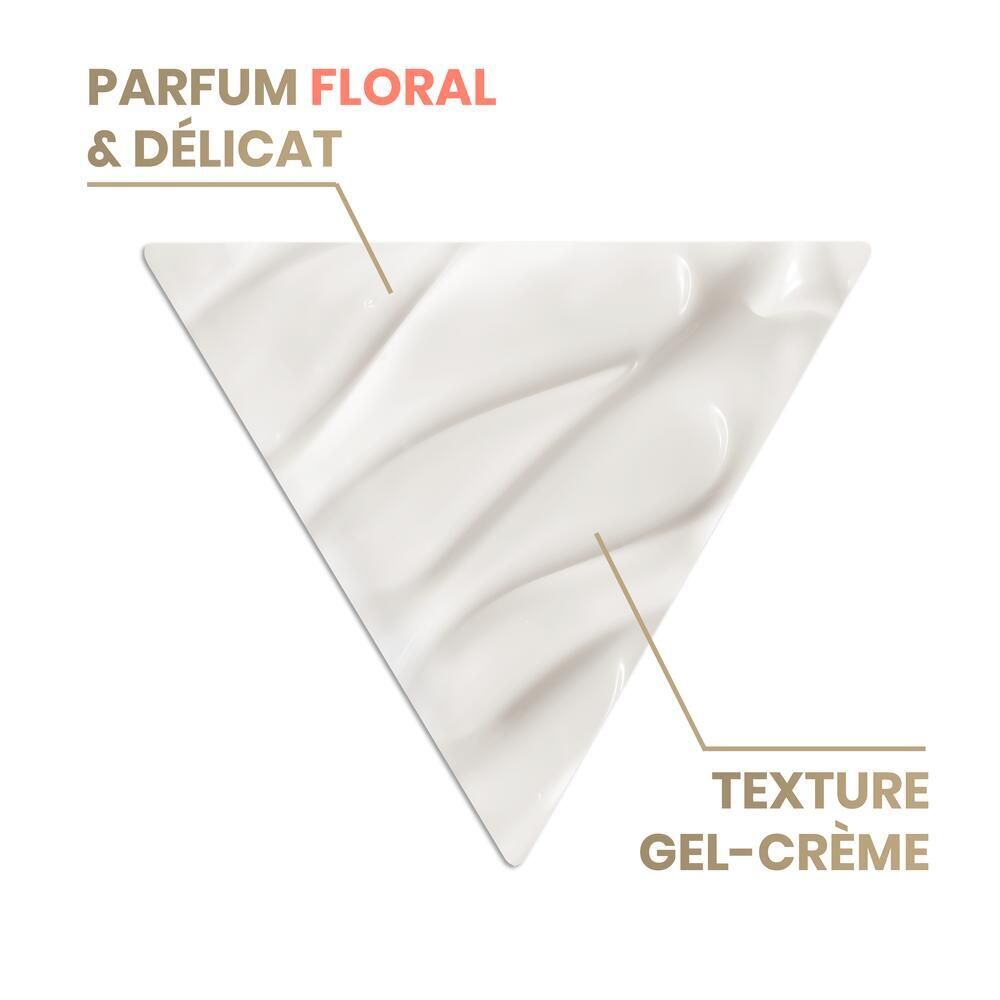 Gros plan de la crème. Texte : Floral & délicat, Texture Gel-Crème.