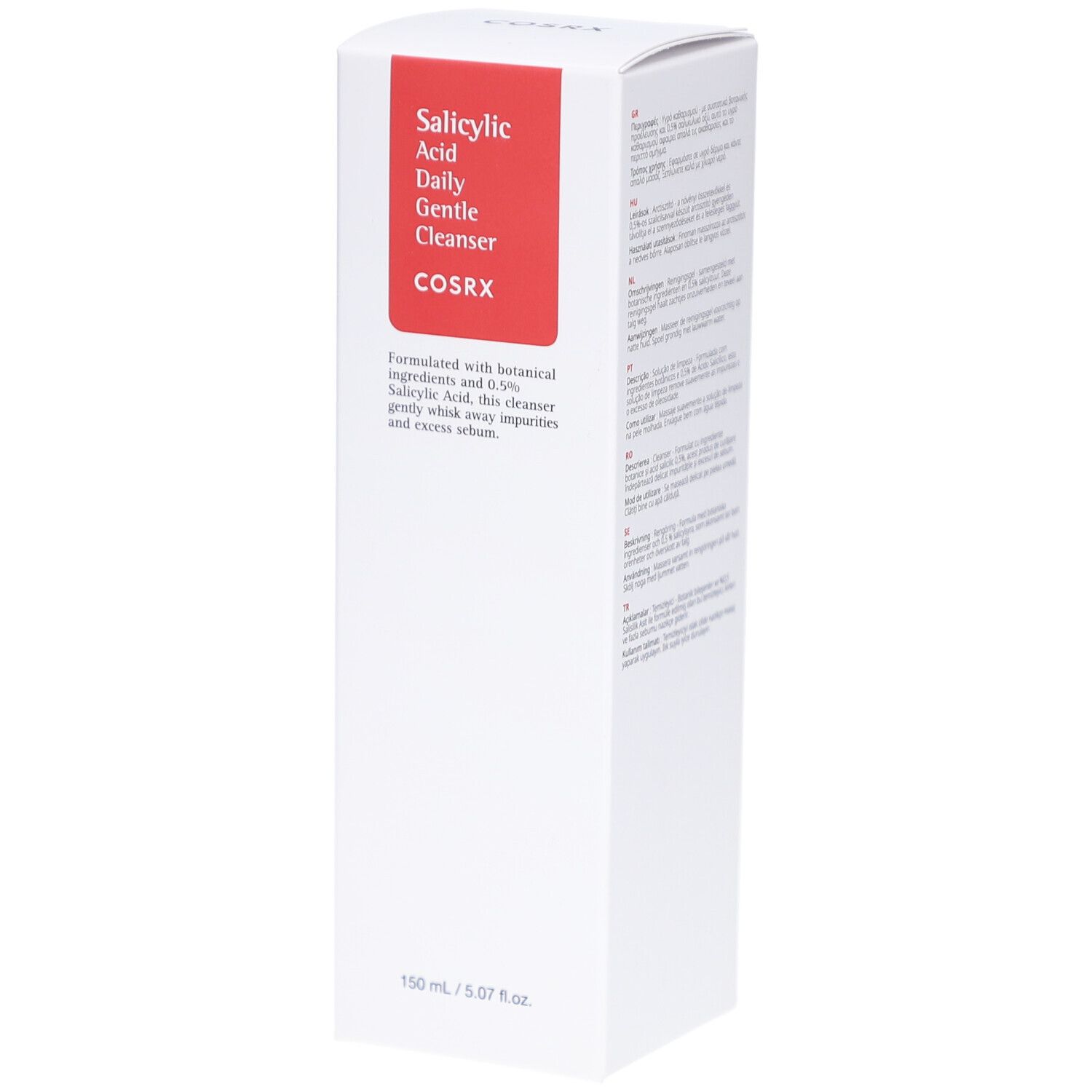Weiße Verpackung mit rotem Rechteck. Text: Salicylsäure Daily Gentle Cleanser, COSRX. Produktbeschreibung und Inhaltsstoffe.