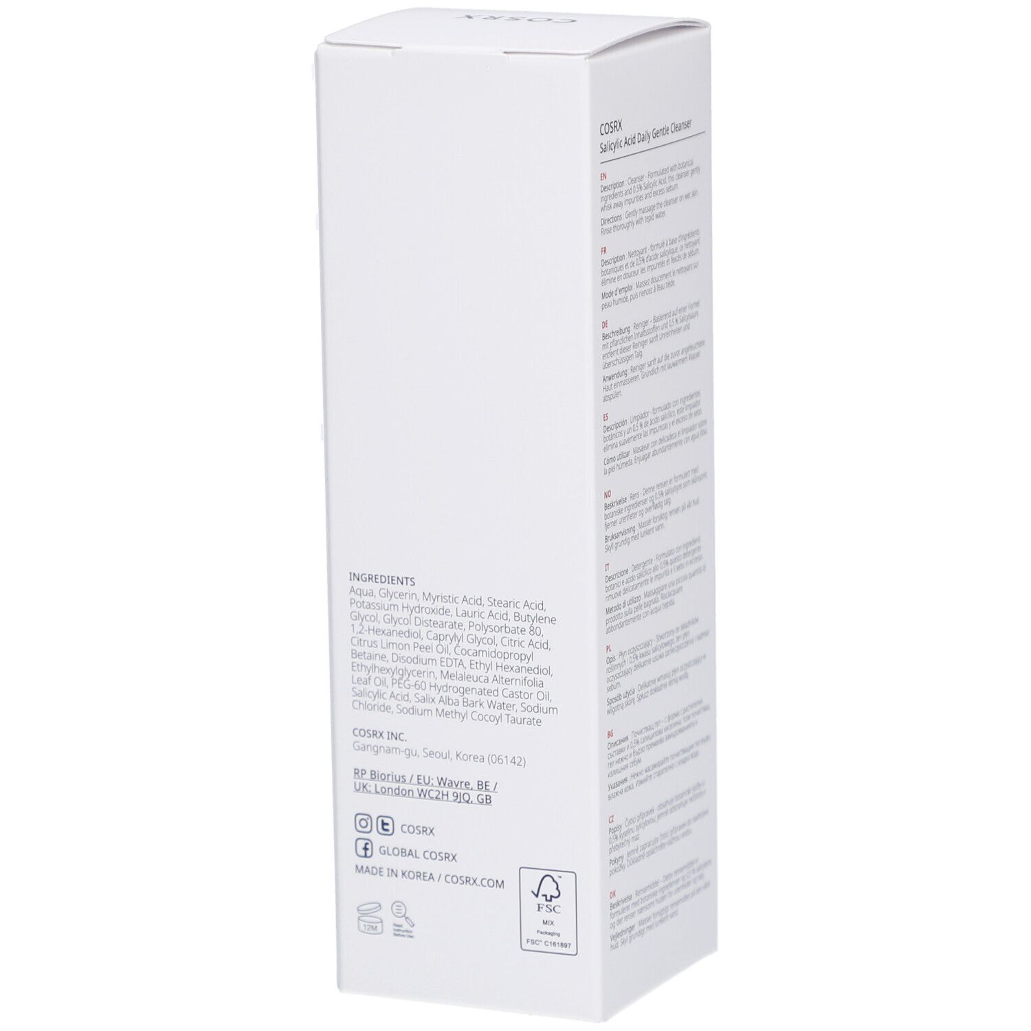 Weiße Verpackung mit Inhaltsstoffen und Herstellerinformationen. Text: COSRX INC, Made in Korea.