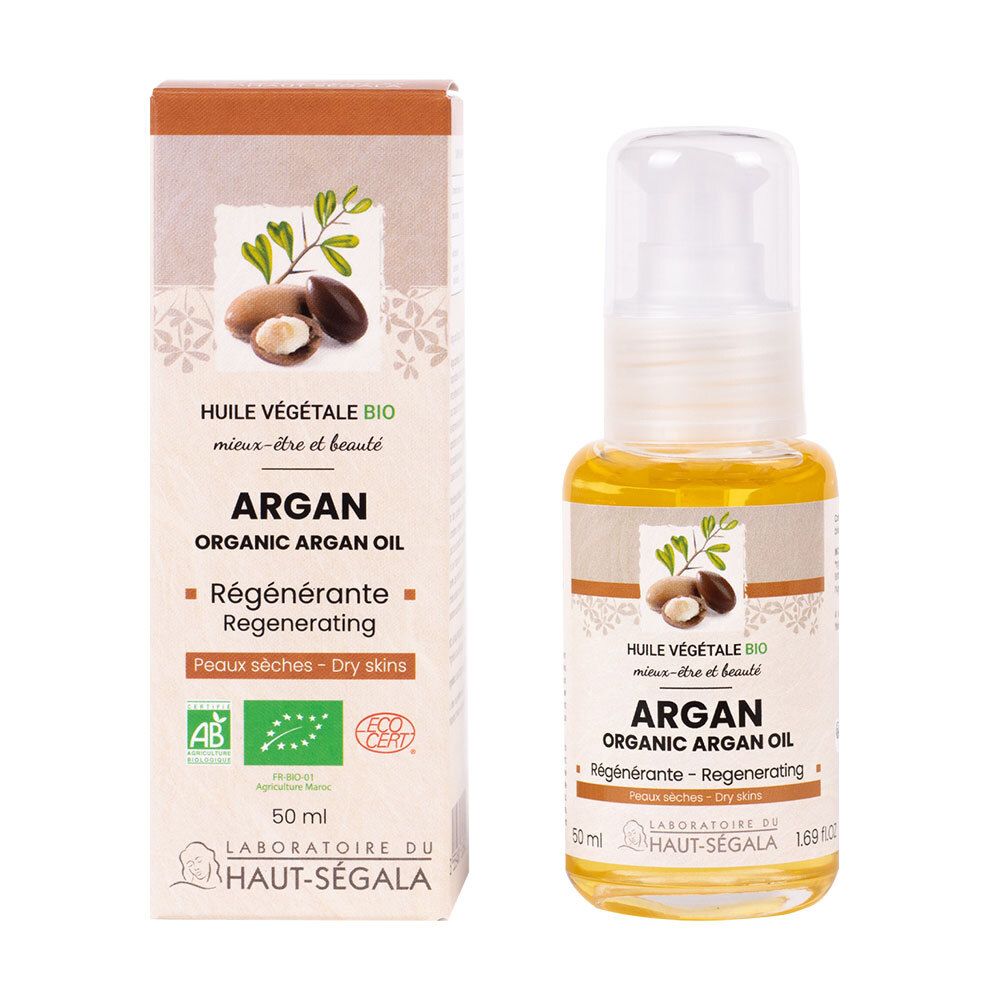 Arganöl-Flasche und -Verpackung. Aufschrift: Arganöl Bio, Regenerierend, für trockene Haut. Label: AB, Eco Cert.