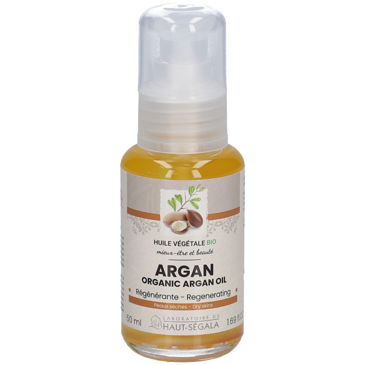 Arganöl-Flasche mit Pumpverschluss. Aufschrift: Arganöl Bio, Regenerierend, für trockene Haut. Label: Eco Cert.