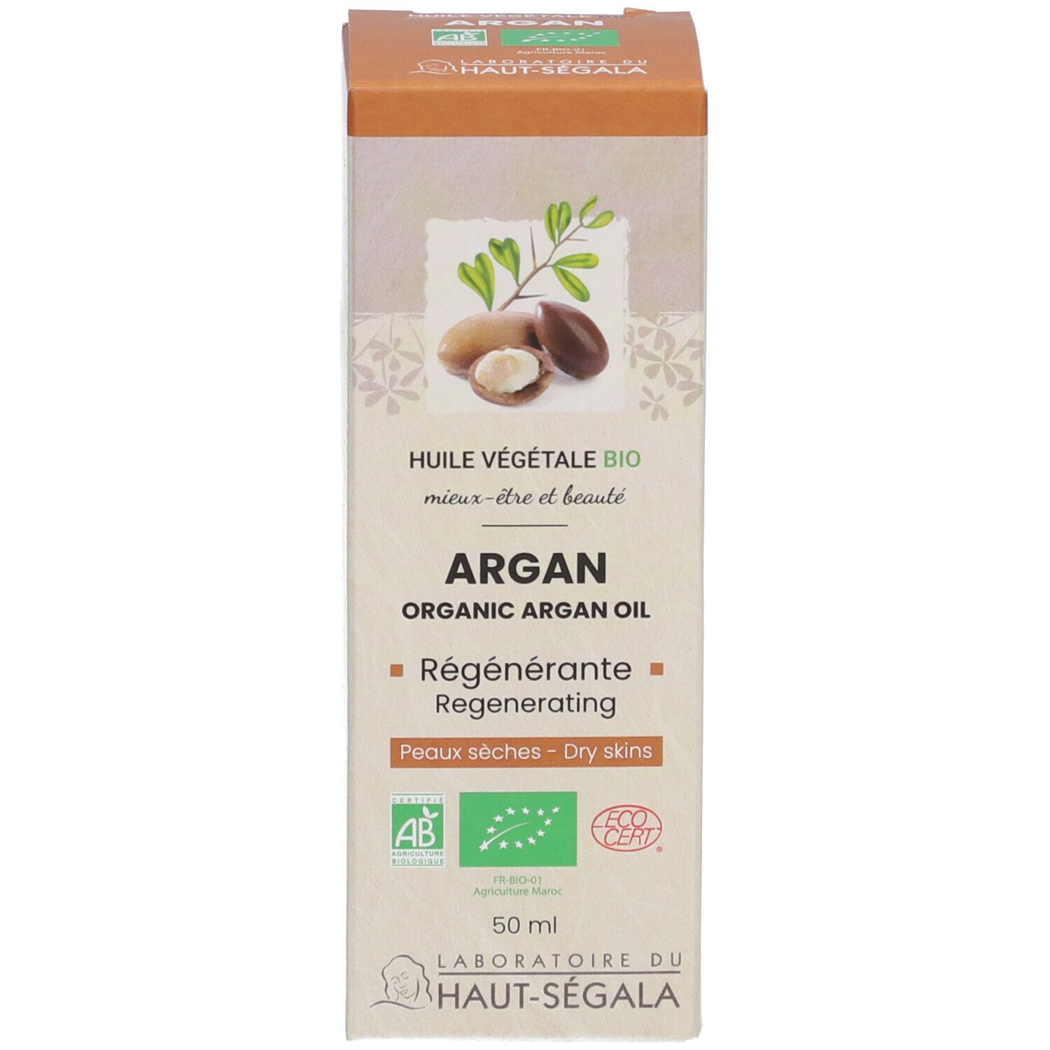 Arganöl-Verpackung. Aufschrift: Arganöl Bio, Regenerierend, für trockene Haut. Label: AB, Eco Cert.