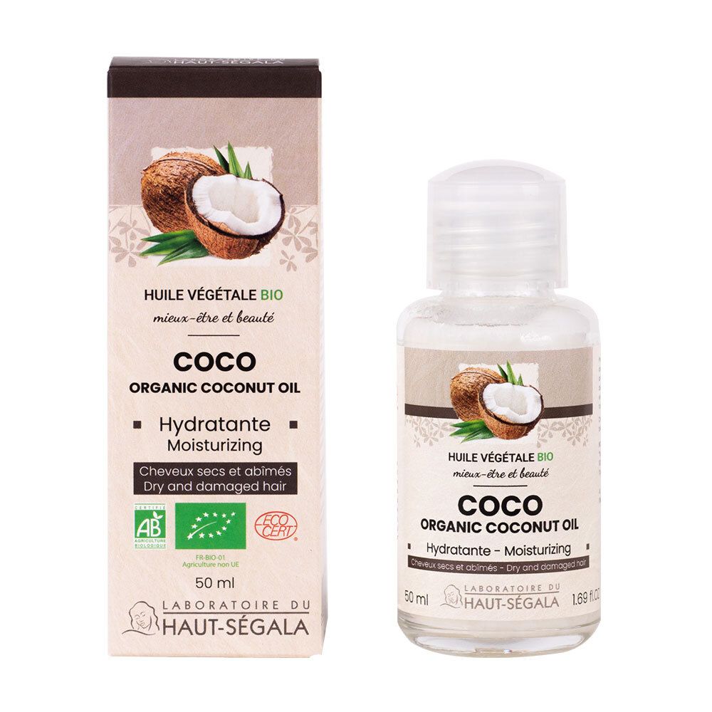 Karton und Flasche mit Kokosöl. Aufschrift: Coco Organic Coconut Oil, Hydratante, für trockenes und geschädigtes Haar. AB-Bio-Siegel.