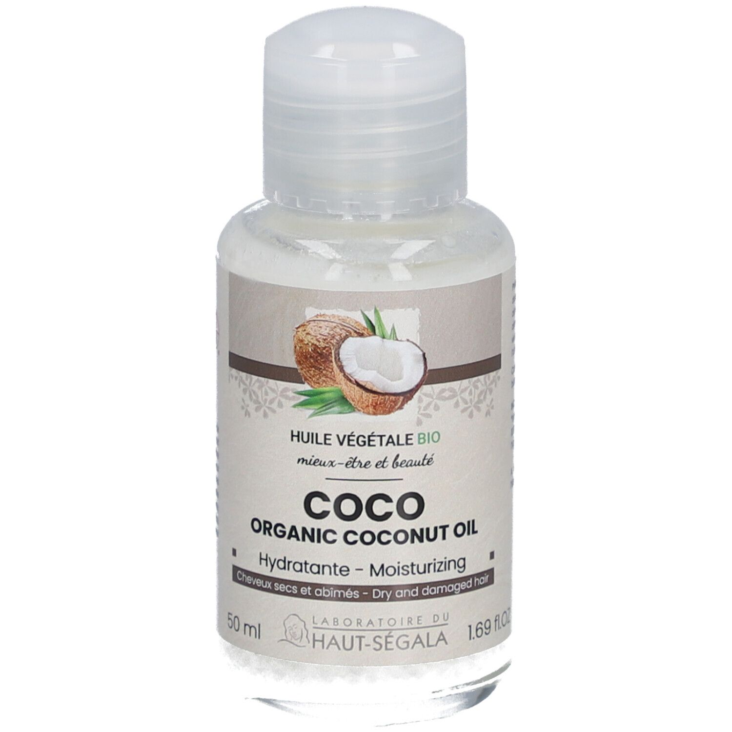 Flasche Kokosöl mit Deckel. Aufschrift: Coco Organic Coconut Oil, Hydratante, für trockenes und geschädigtes Haar. 50 ml.