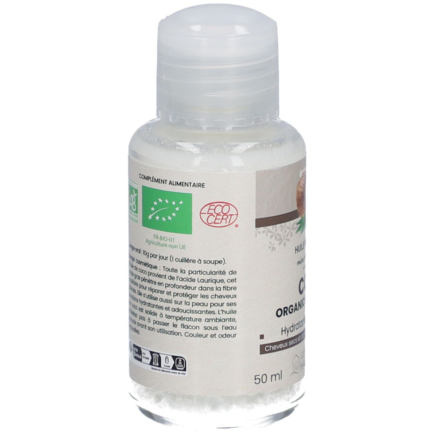 Rückseite der Kokosölflasche. Text: Ergänzungsmittel, AB-Bio-Siegel, EcoCert. Gebrauchsanweisung. 50 ml.