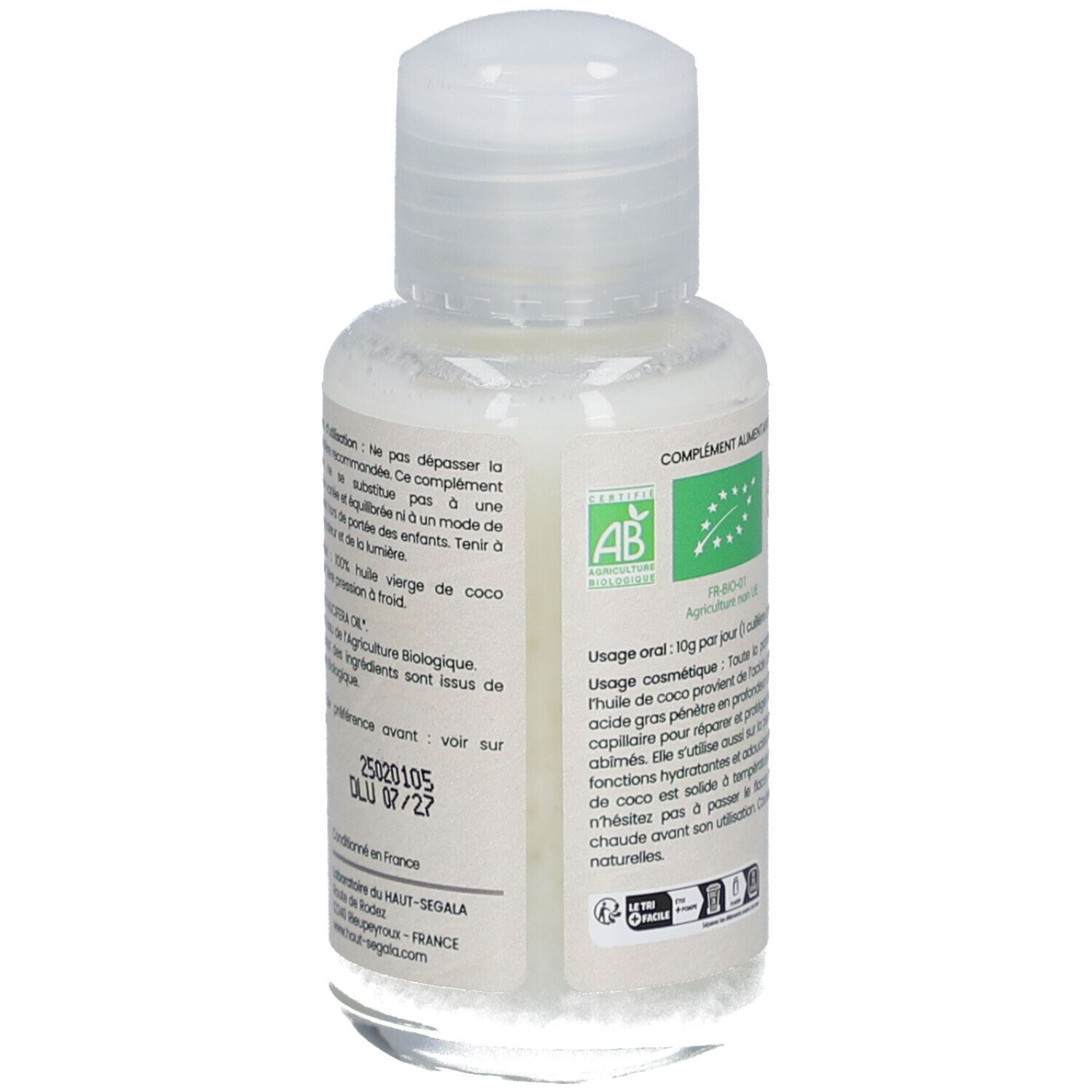 Rückseite der Kokosölflasche. Text: Ergänzungsmittel, AB-Bio-Siegel, EcoCert. Gebrauchsanweisung. 50 ml.