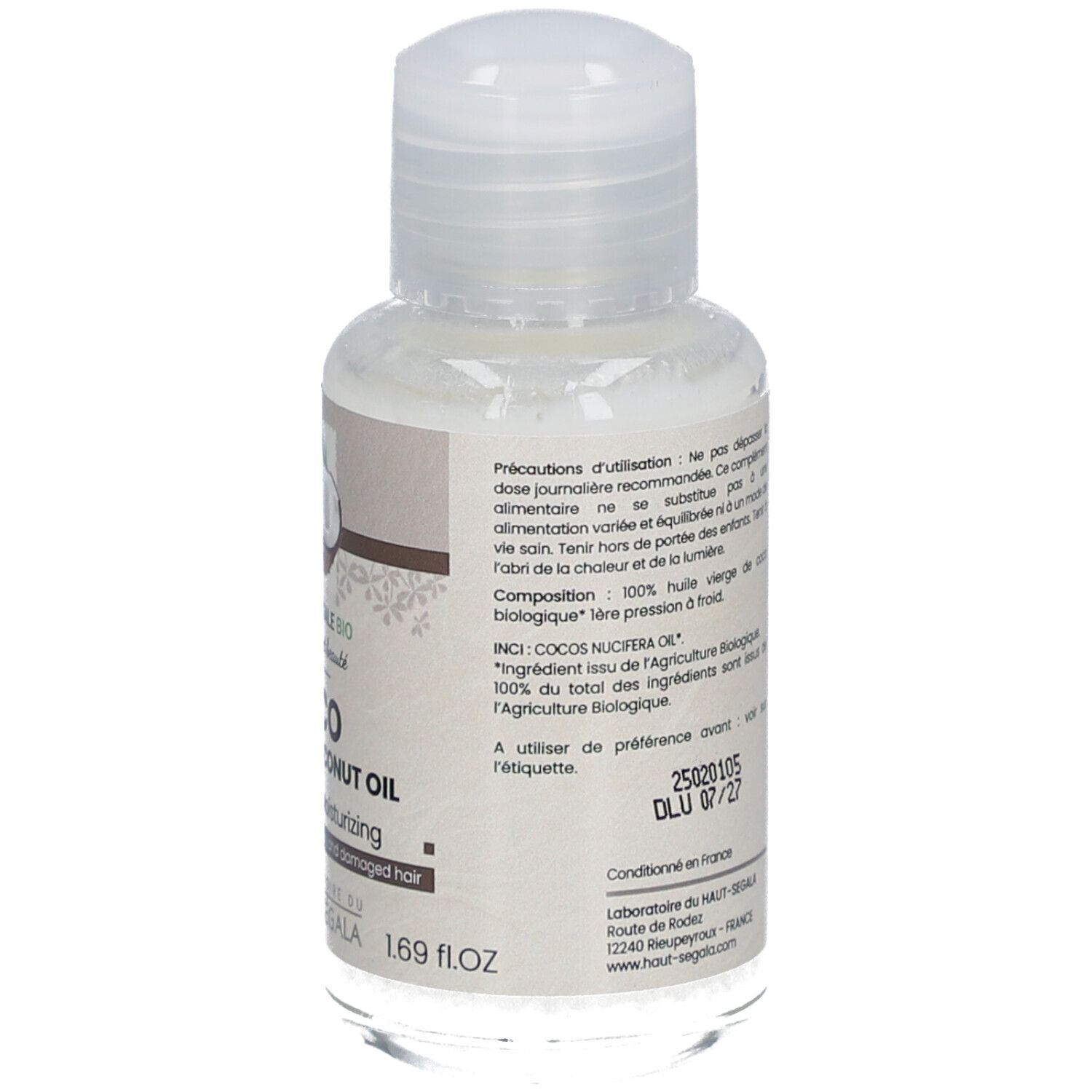 Rückseite der Kokosölflasche. Text: Vorsichtsmaßnahmen, Inhaltsstoffe, Chargennummer. 1,69 fl.oz.