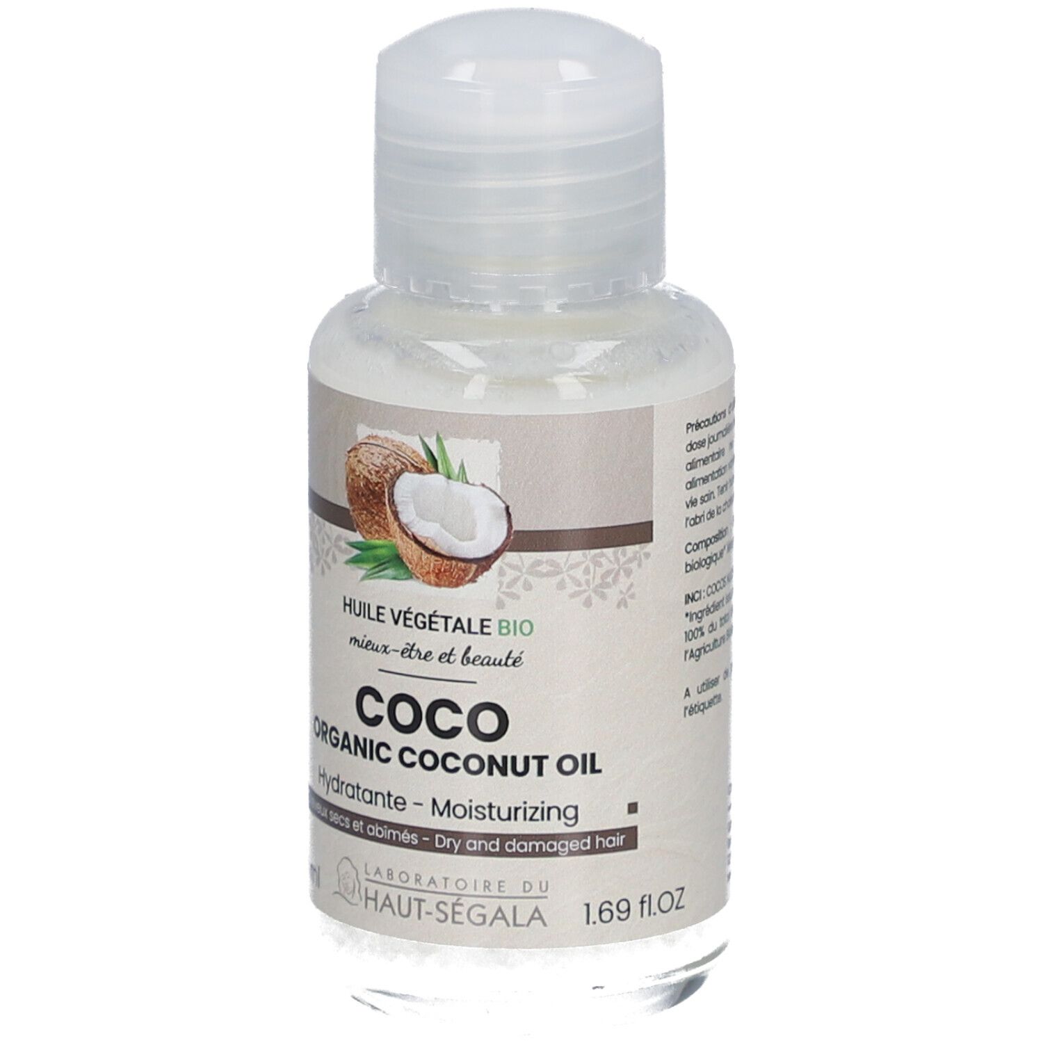 Flasche Kokosöl mit Deckel. Aufschrift: Coco Organic Coconut Oil, Hydratante, für trockenes und geschädigtes Haar. 1,69 fl.oz.