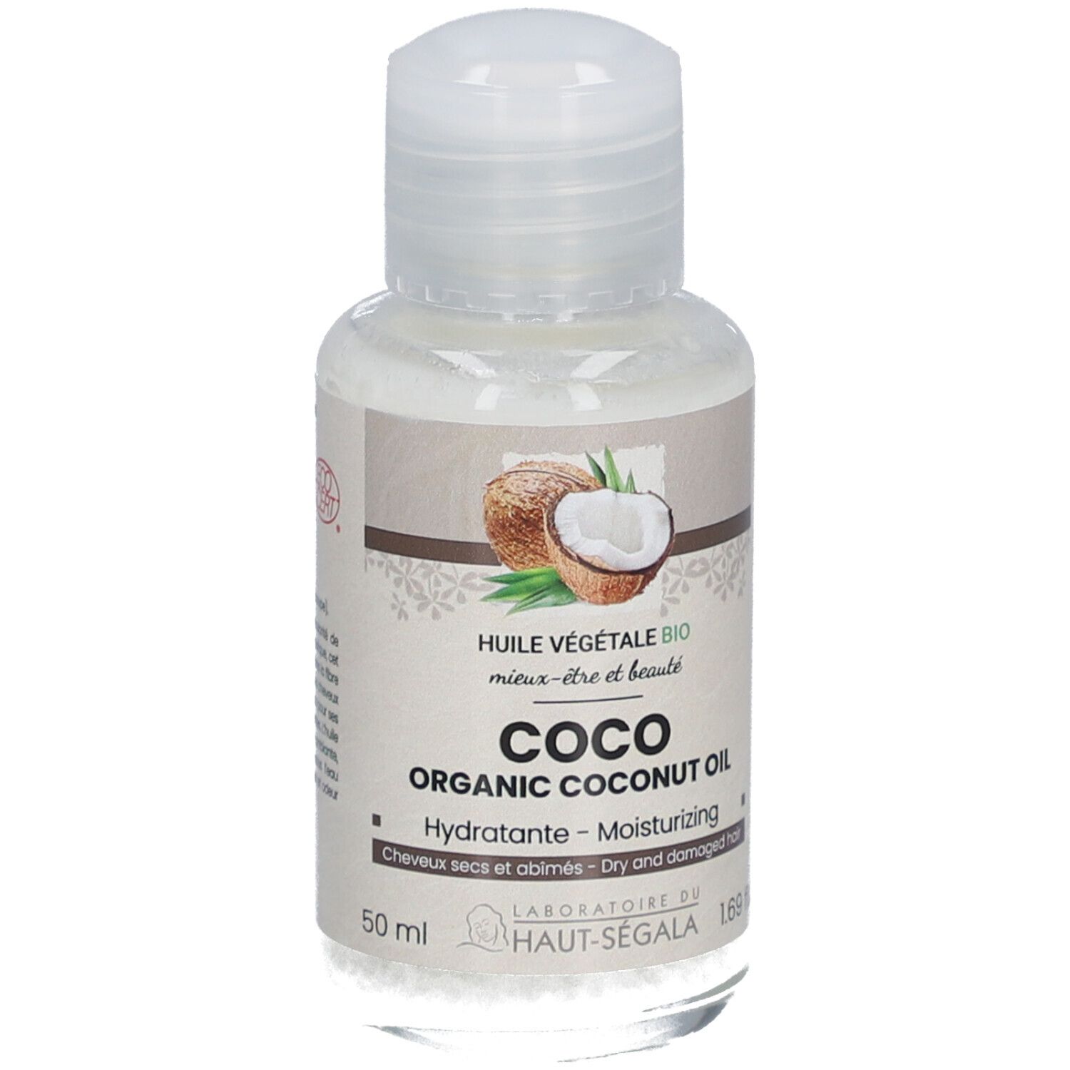 Flasche Kokosöl mit Deckel. Aufschrift: Coco Organic Coconut Oil, Hydratante, für trockenes und geschädigtes Haar. 50 ml.