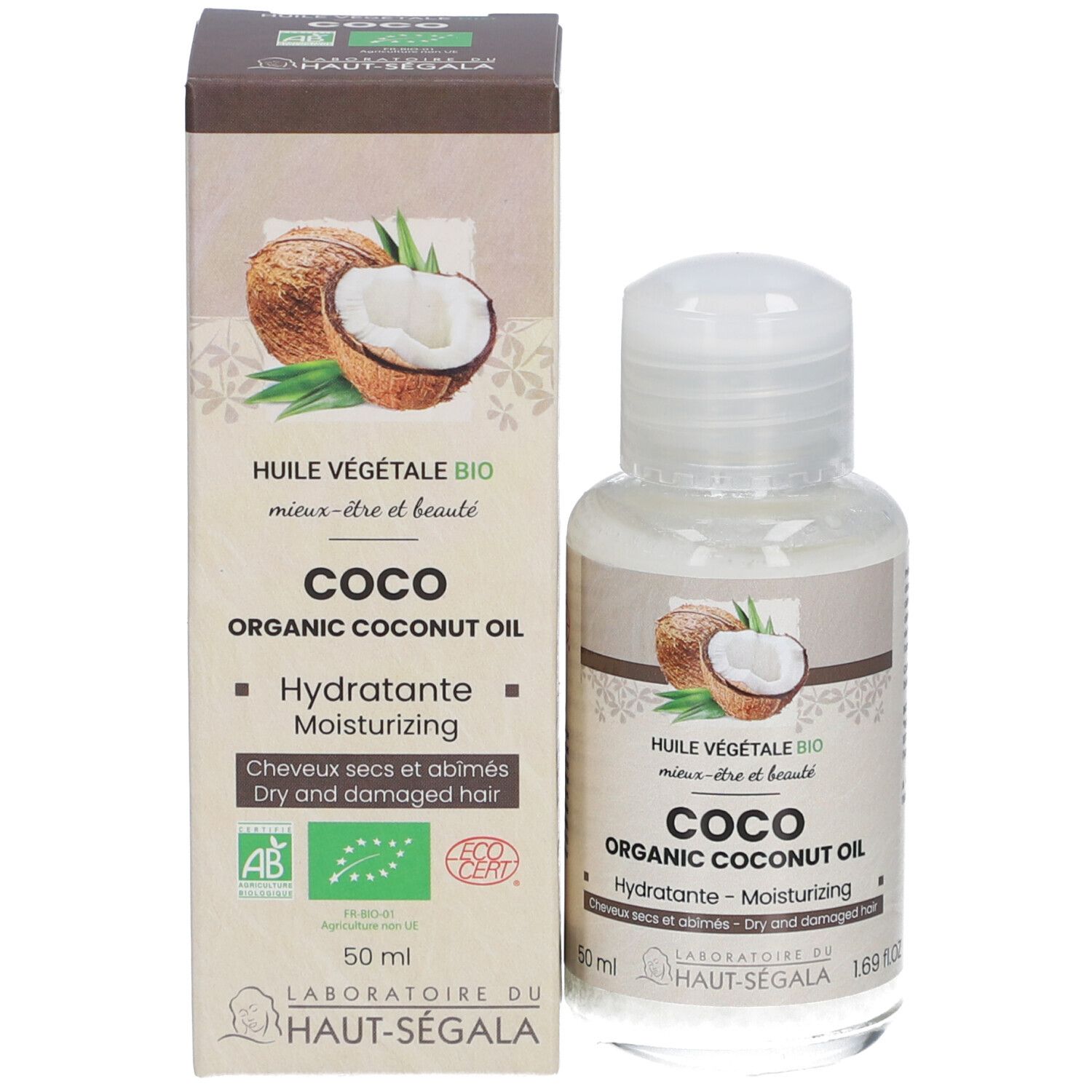 Karton und Flasche mit Kokosöl. Aufschrift: Coco Organic Coconut Oil, Hydratante, für trockenes und geschädigtes Haar. AB-Bio-Siegel.