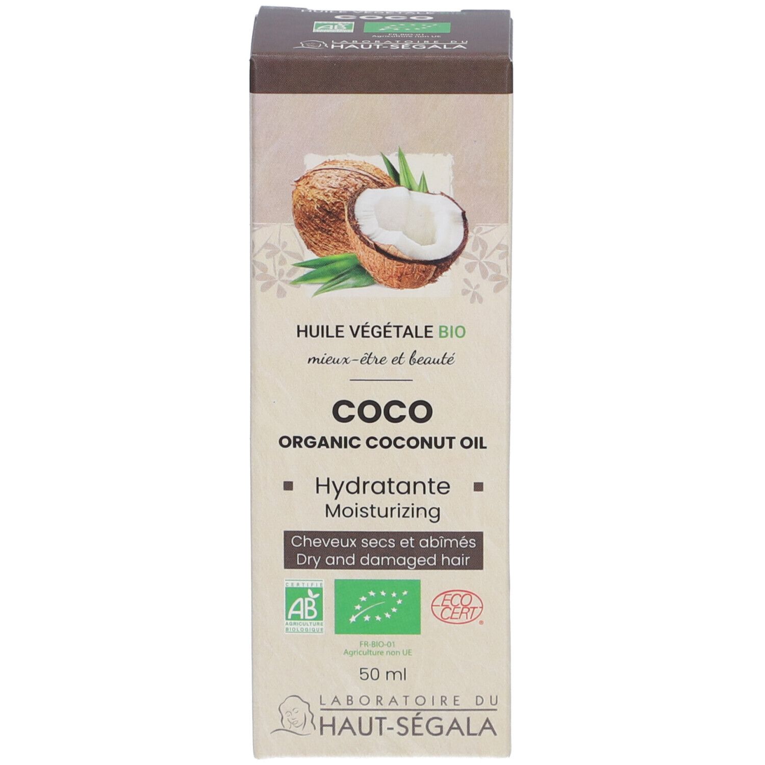 Karton mit Kokosöl. Aufschrift: Coco Organic Coconut Oil, Hydratante, für trockenes und geschädigtes Haar. AB-Bio-Siegel. 50 ml.