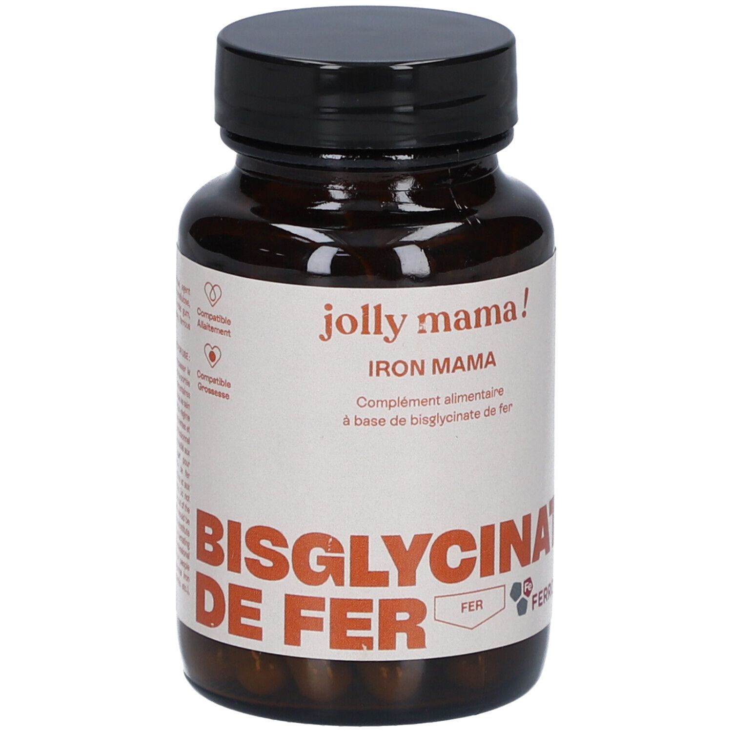 Flacon brun, bouchon noir. Inscription: JOLLY MAMA Iron Mama, Bisglycinate de Fer. Gélules visibles.