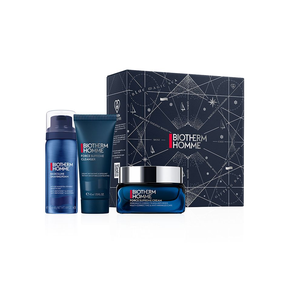 Coffret Biotherm Homme avec trois produits : crème à raser, nettoyant et hydratant. Emballage bleu.