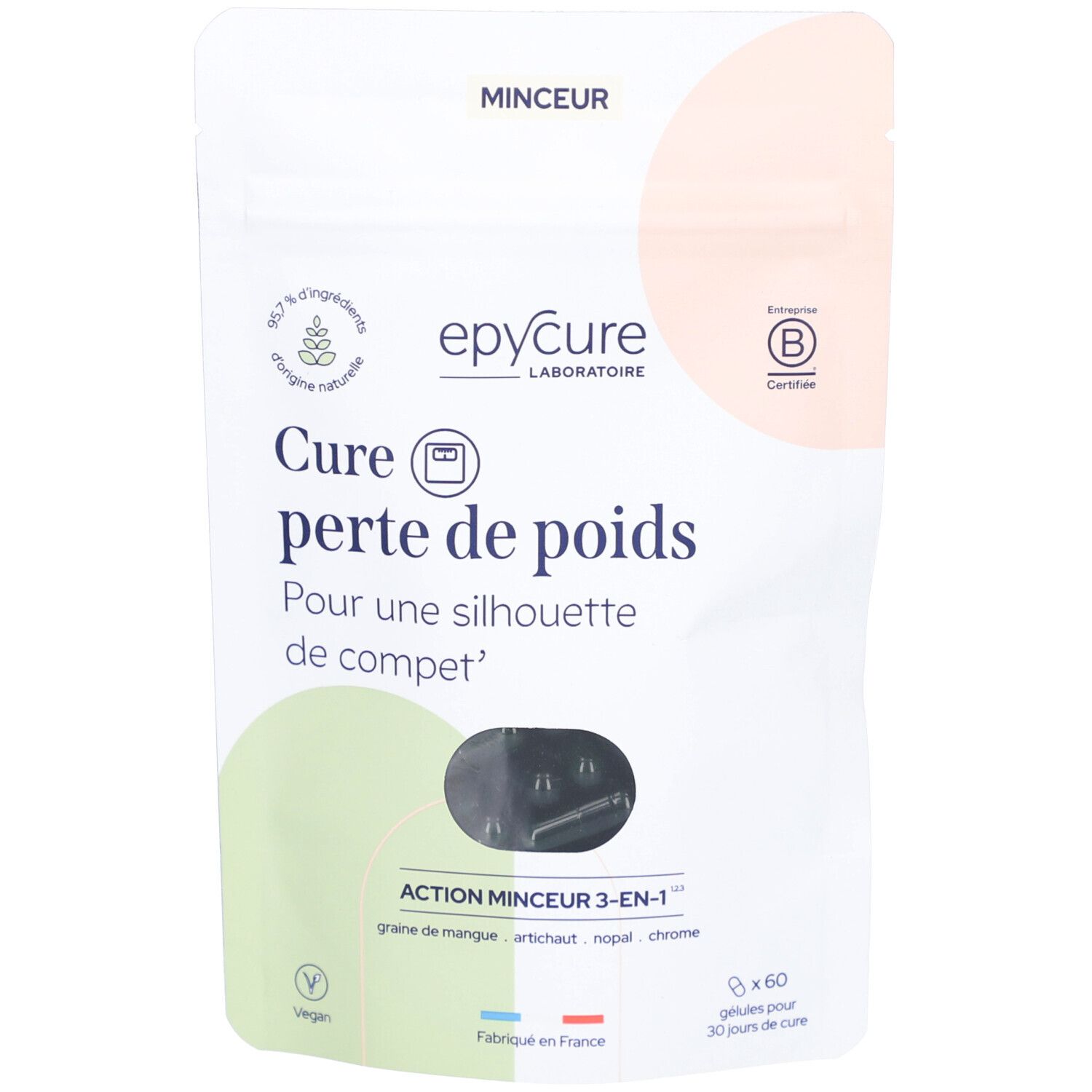 Sachet de gélules Epycure. Inscription: Cure perte de poids. Logo vegan. 60 gélules.