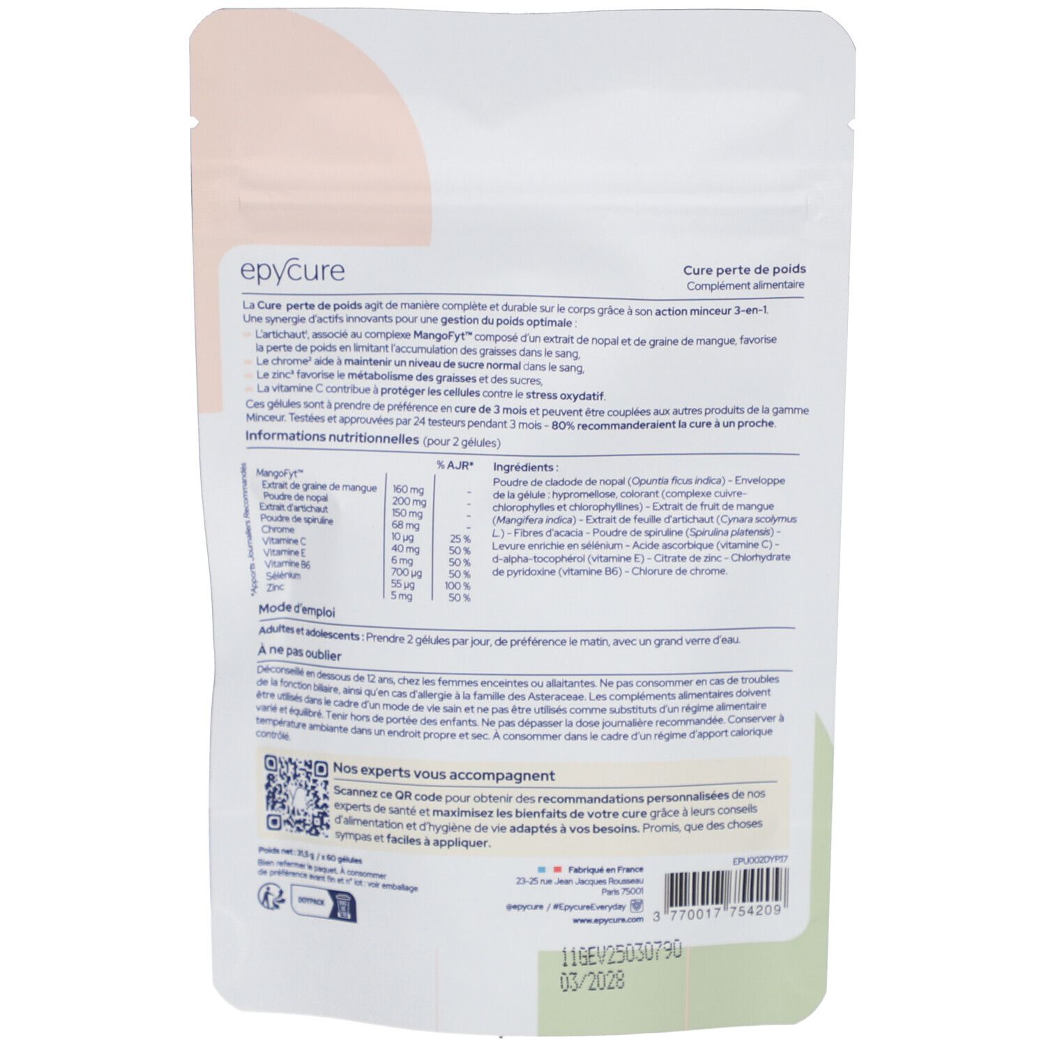 Dos du sachet. Texte: Epycure, Cure perte de poids. Ingrédients et instructions d'utilisation.
