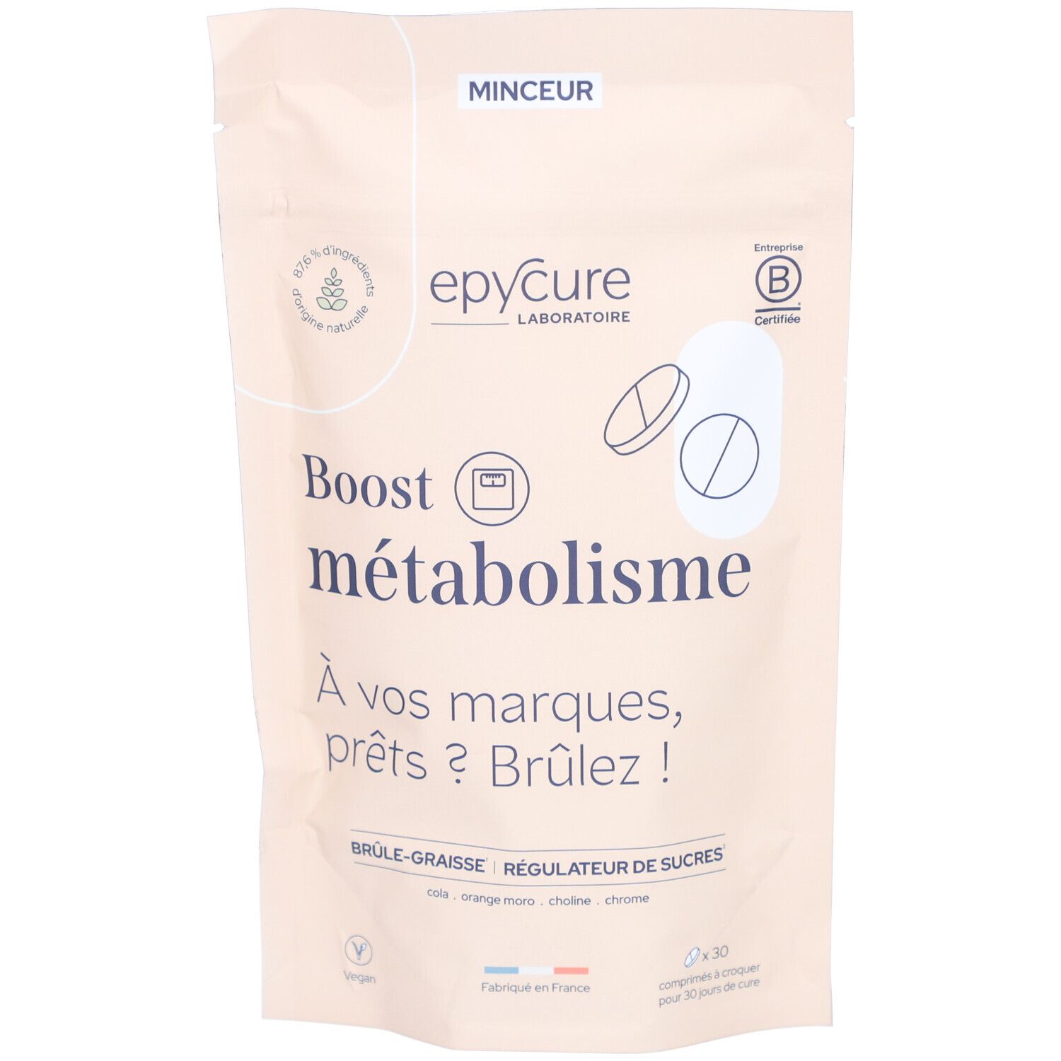 Sachet de Epycure. Texte: Boost métabolisme, Brûleur de graisses. Logo et certifications visibles.