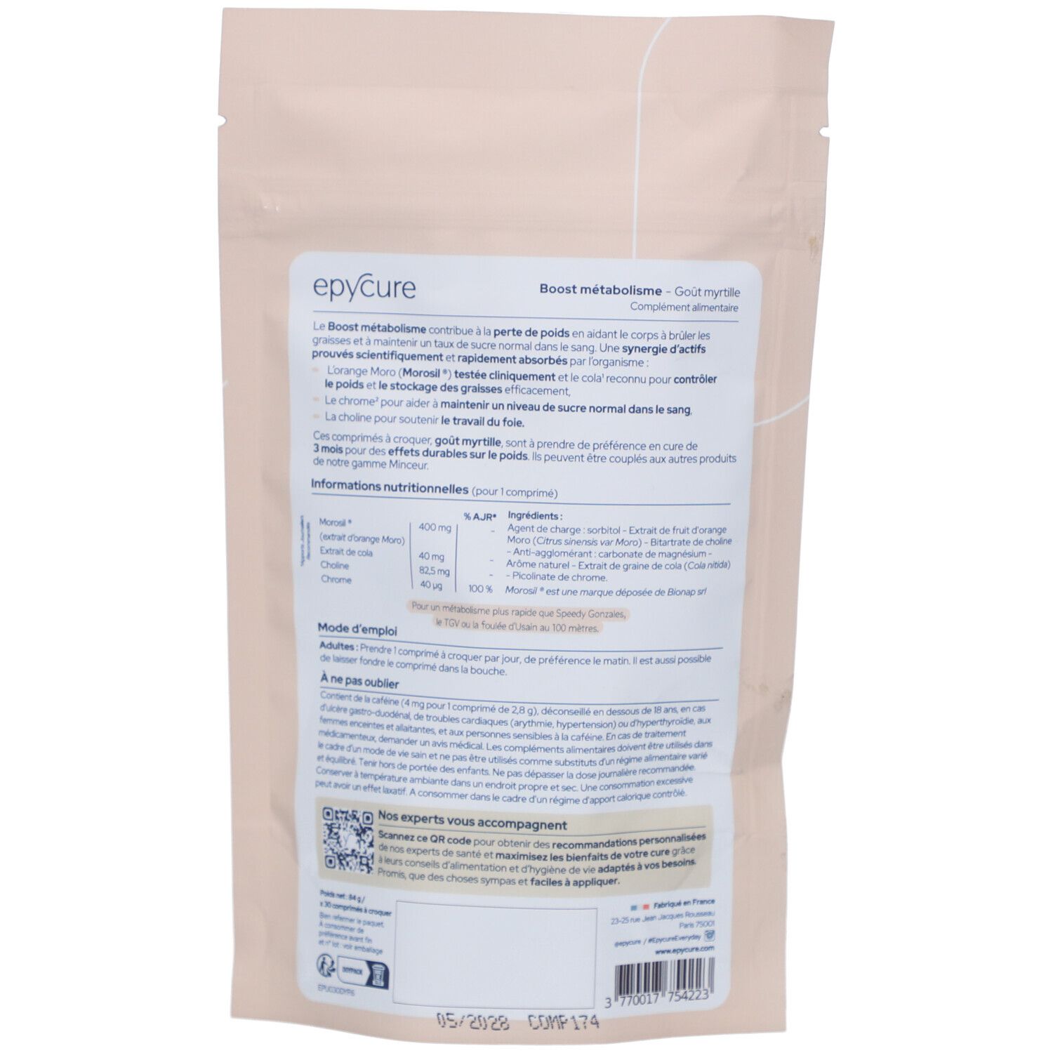 Dos du sachet. Texte: Boost métabolisme, ingrédients, informations nutritionnelles, QR code.