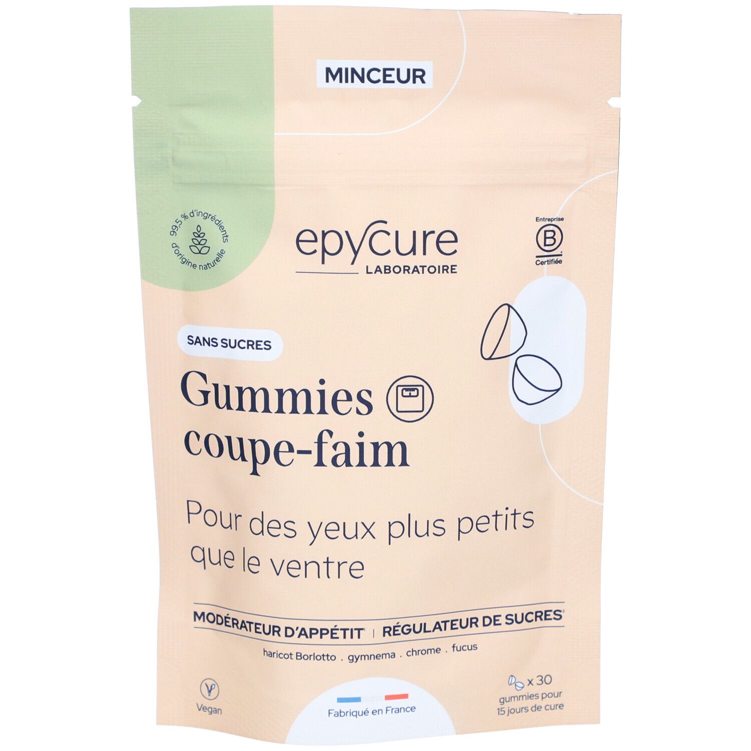Sachet de Gummies coupe-faim Epycure. Inscription : Sans sucres. Vegan. Certifié.