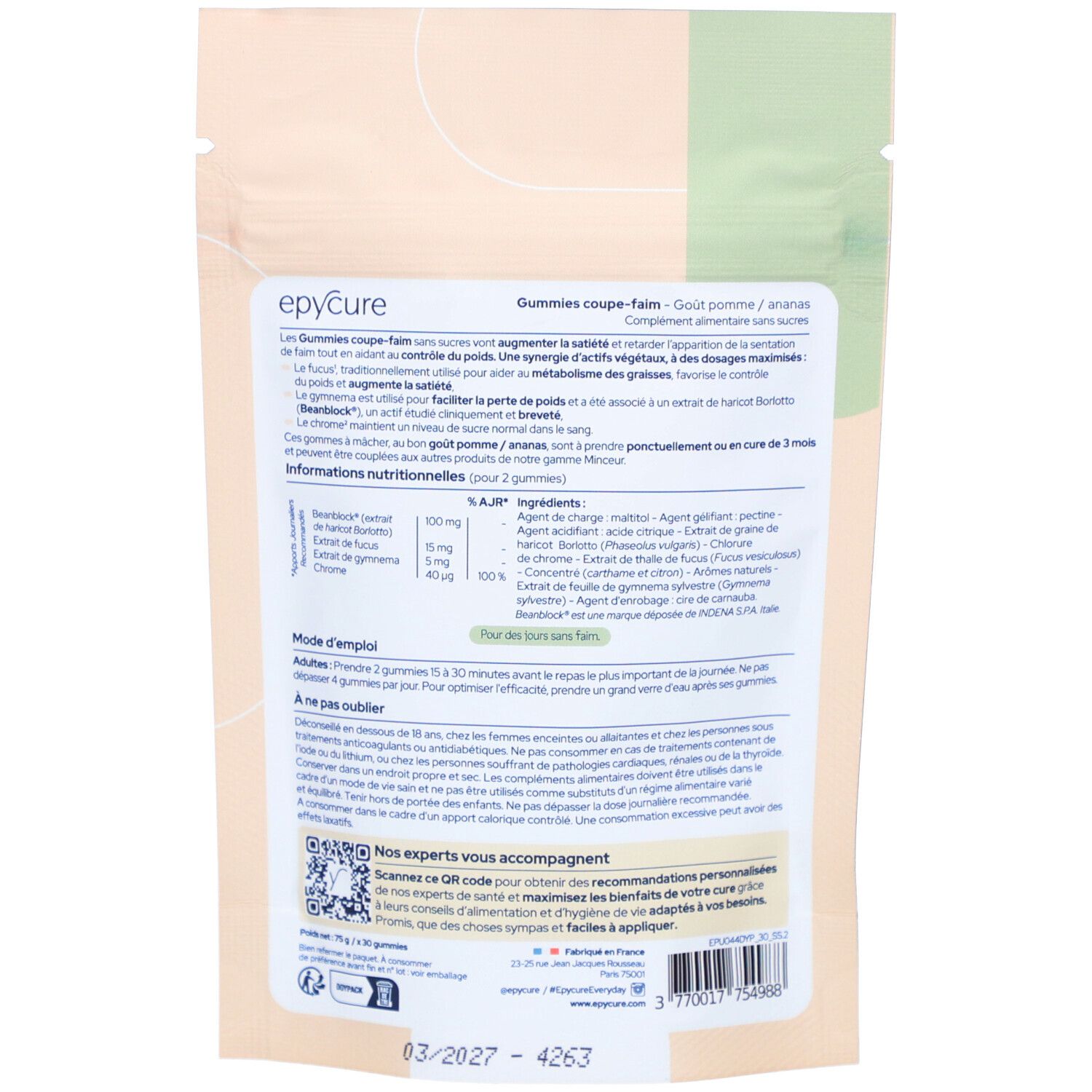 Dos du sachet de Gummies Epycure. Texte avec ingrédients et instructions d'utilisation. Code QR.