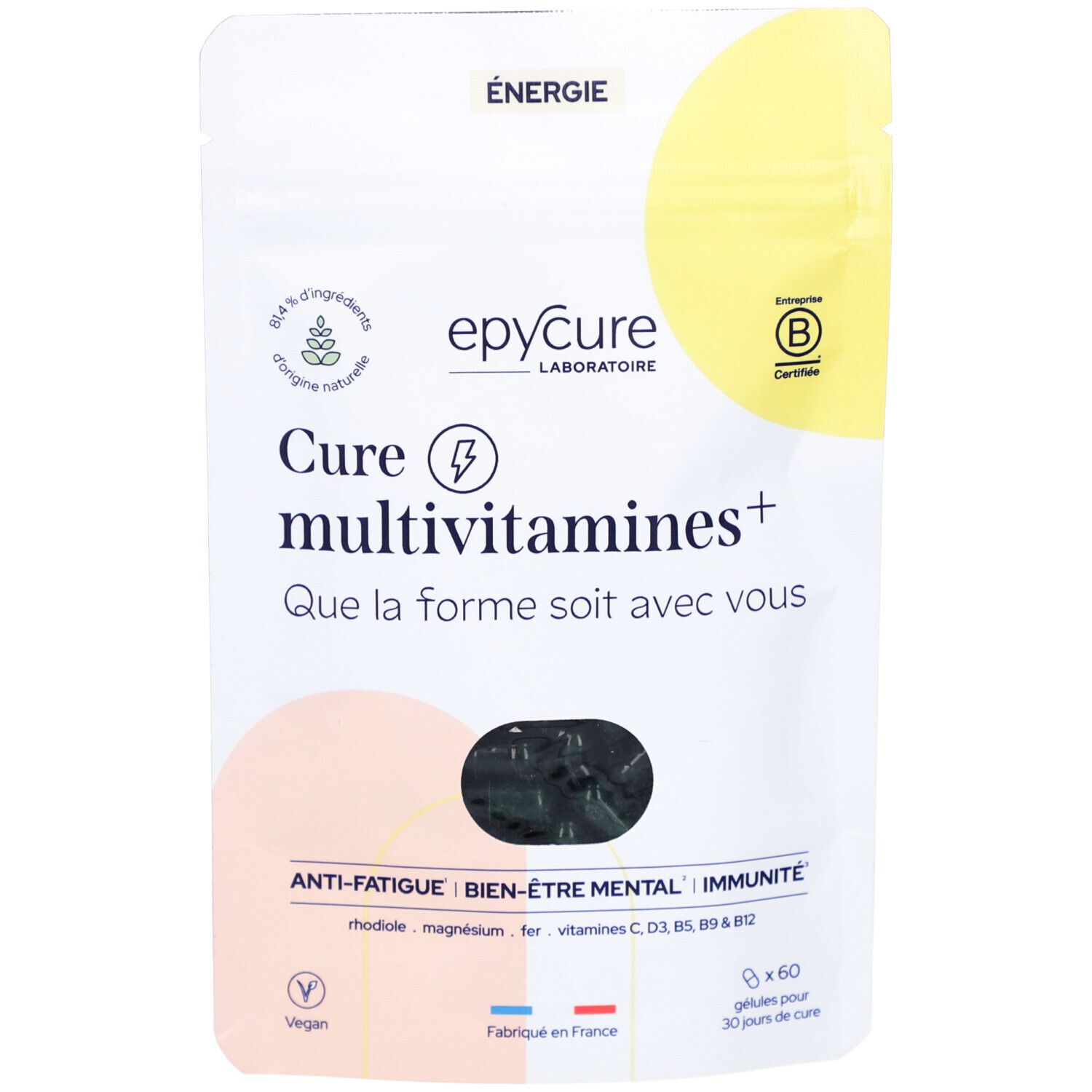 Sachet de gélules Epycure Cure Multivitamines+. Contient 60 gélules. Vegan. Certifié.