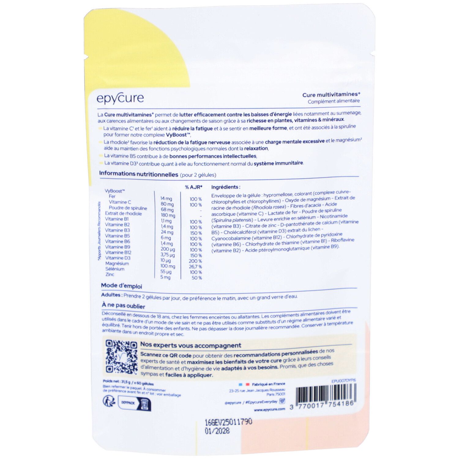 Dos du sachet avec texte et informations nutritionnelles. Marque Epycure. Code QR et certification.