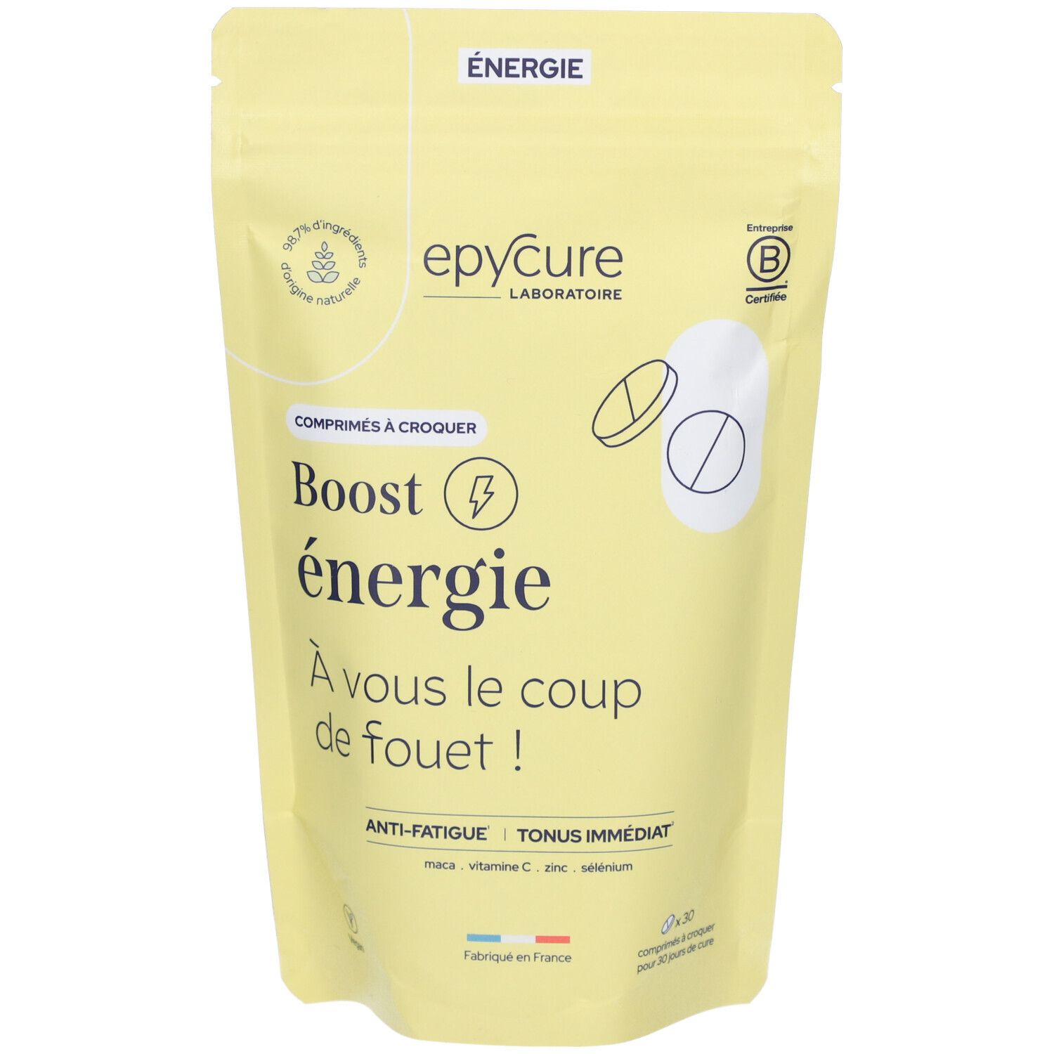Sachet de comprimés Epycure Energy Boost. Emballage jaune avec nom et logo du produit. Illustration de comprimés.