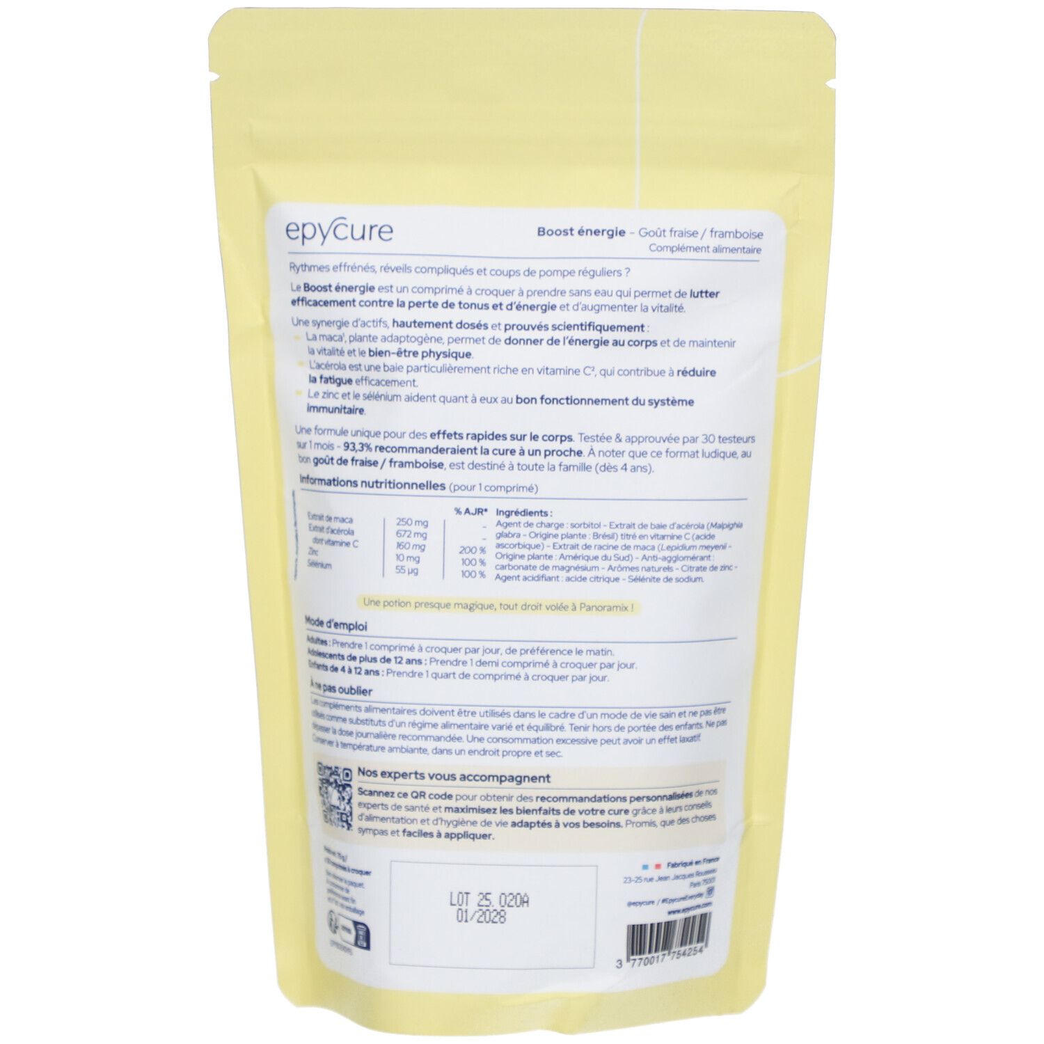 Dos du sachet de comprimés Epycure Energy Boost. Informations textuelles, ingrédients et valeurs nutritionnelles.