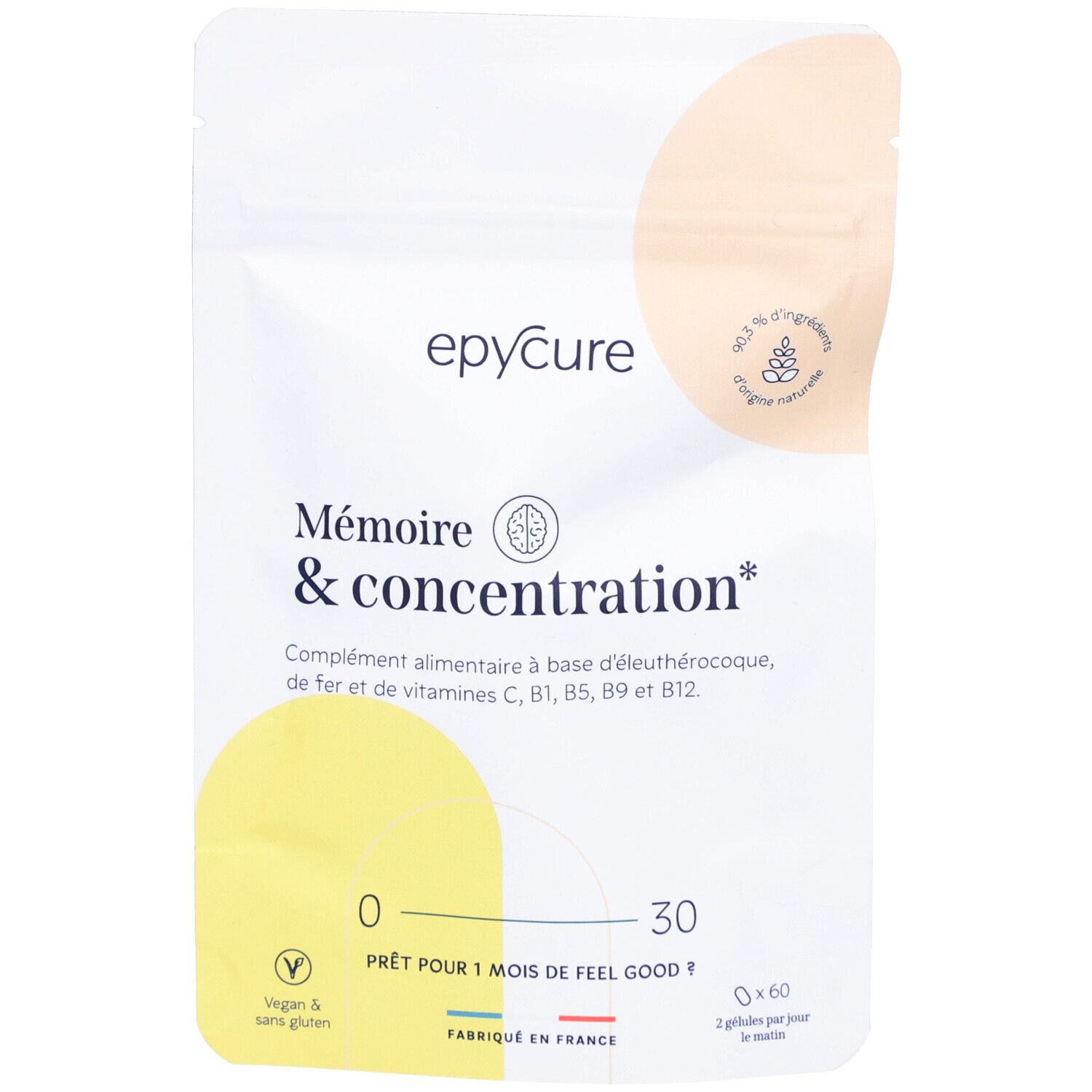 Sachet de gélules Epycure Mémoire & Concentration. Inscription : Mémoire & concentration, 30 gélules, vegan.