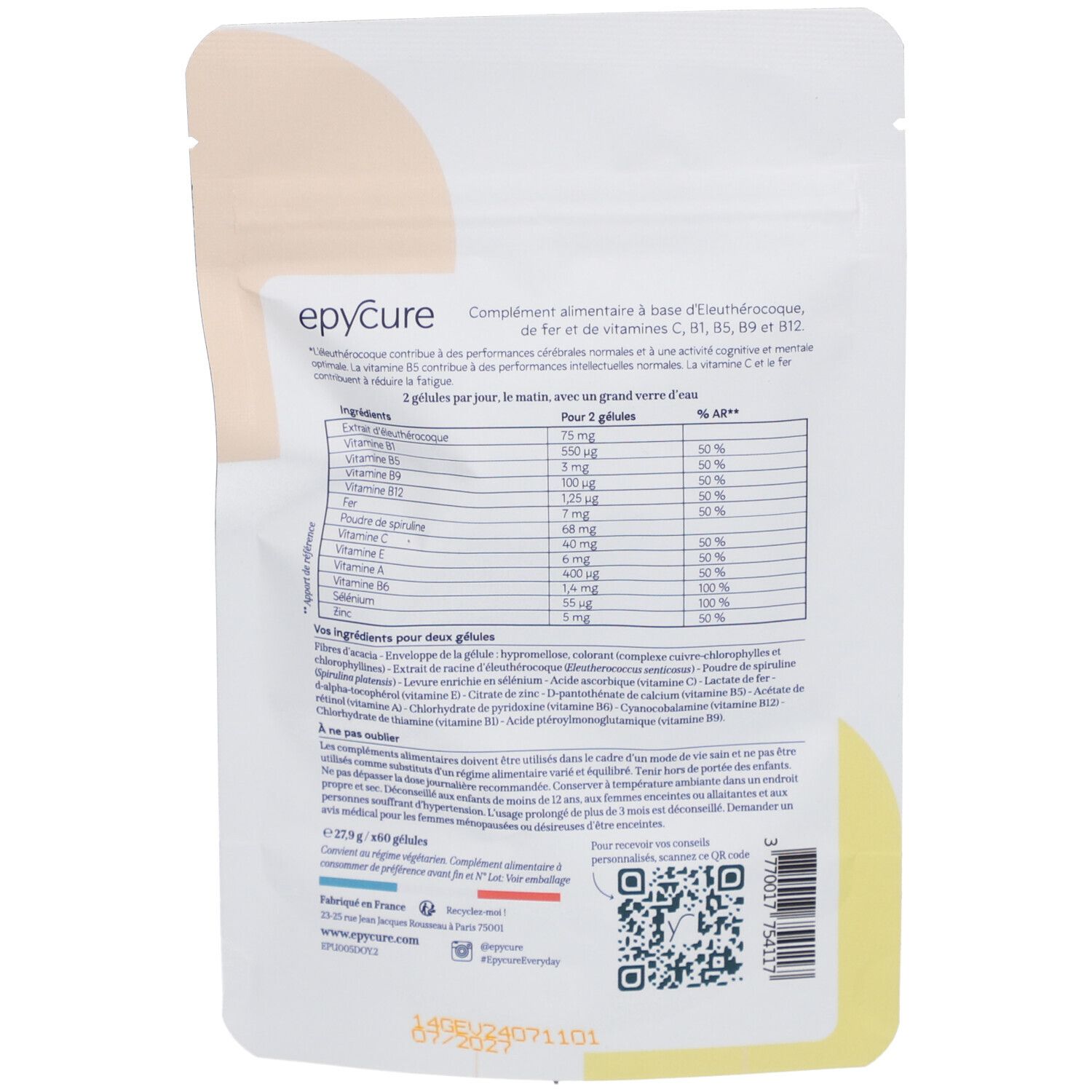 Dos du sachet de gélules Epycure Mémoire & Concentration. Contient informations nutritionnelles et QR code.