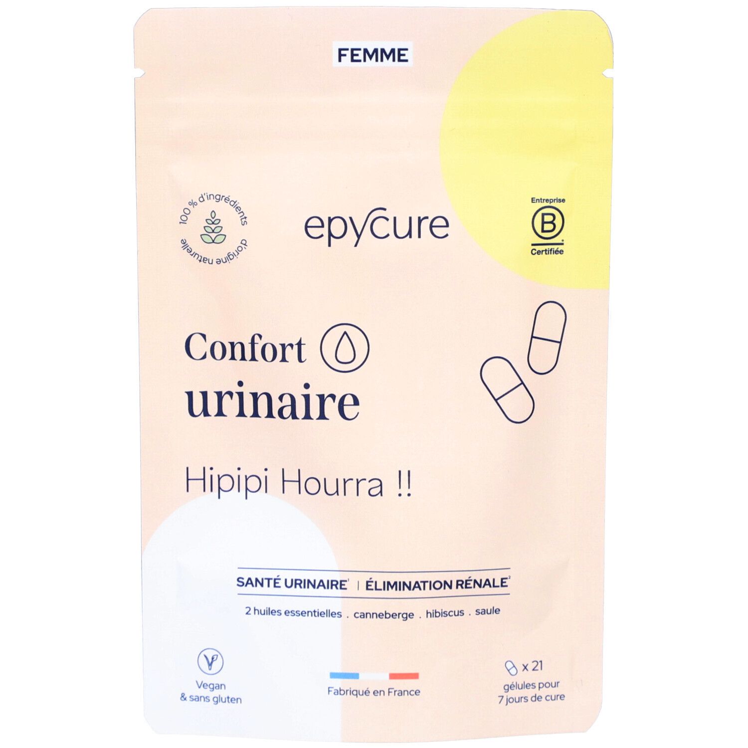 Sachet de gélules Epycure Confort urinaire. Ingrédients naturels. Certifié. Vegan et sans gluten.