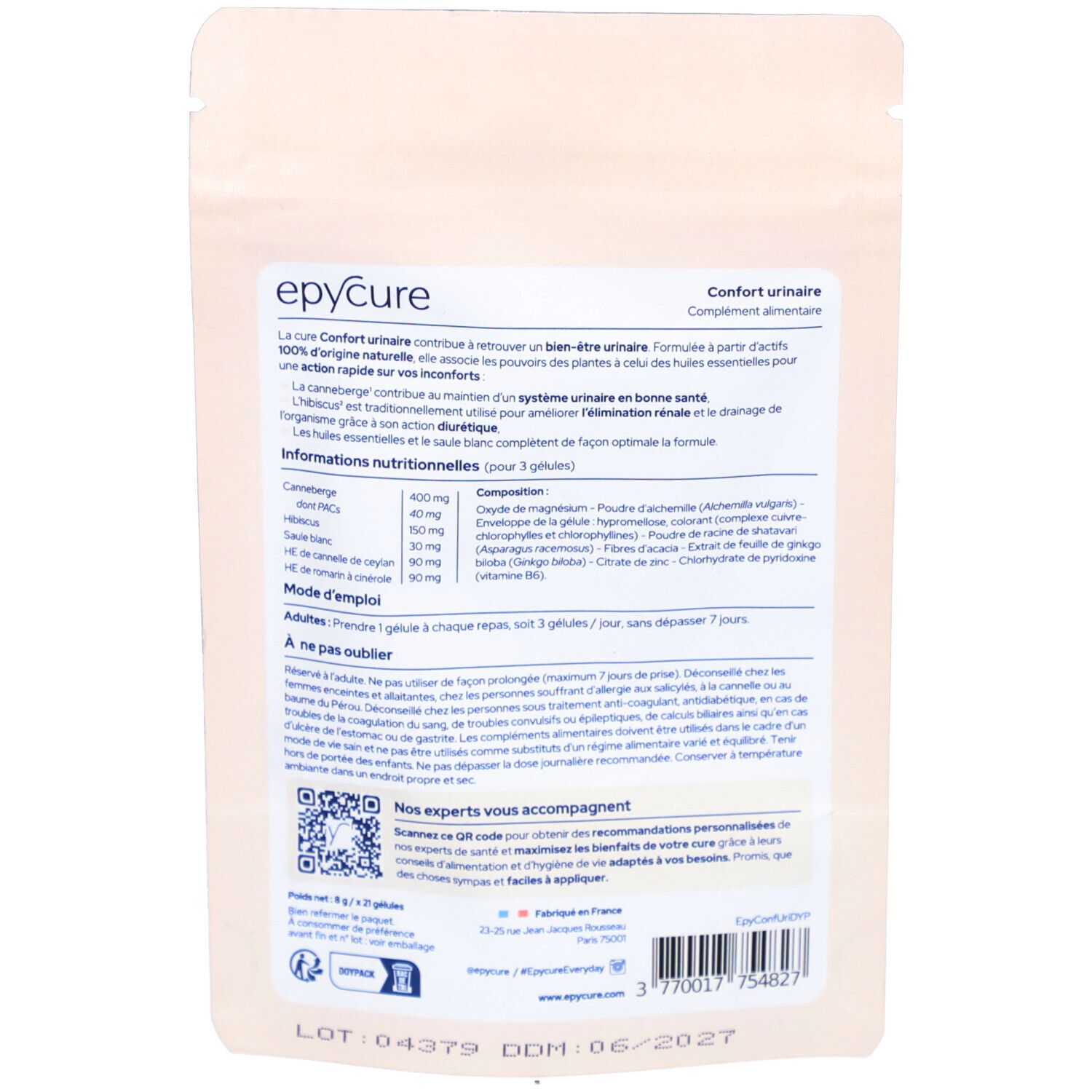 Dos du sachet Epycure Confort urinaire. Ingrédients, conseils d'utilisation et QR code.