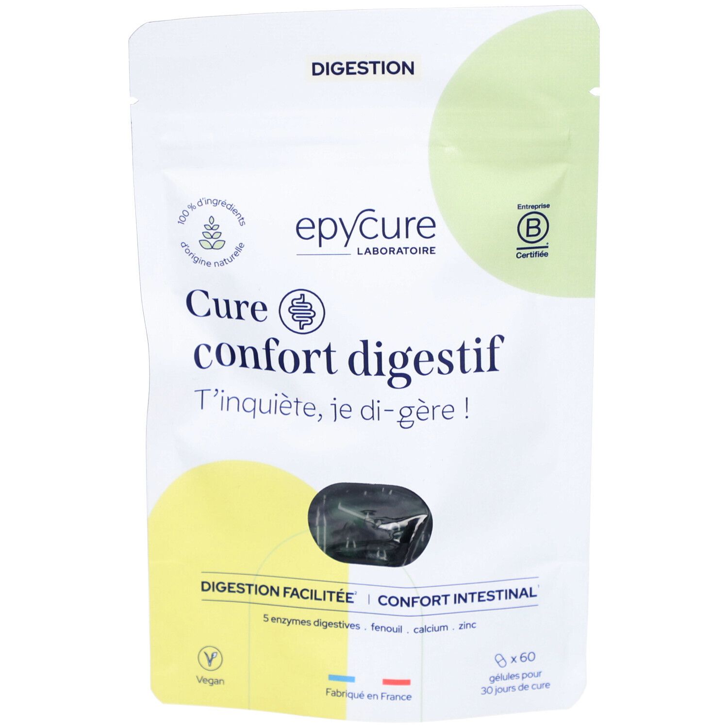 Sachet de gélules. Inscription: Epycure, Cure confort digestif. Contient 60 gélules. Vegan.