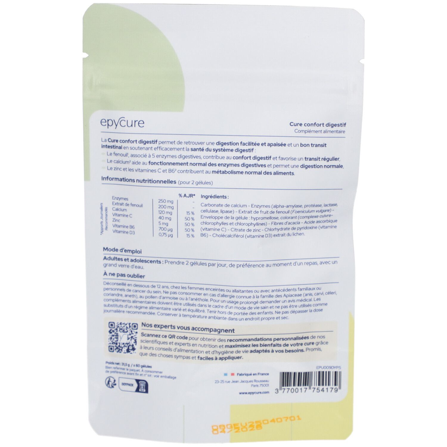 Dos du paquet. Texte: Epycure, Cure confort digestif. Contient des informations sur les ingrédients et l'utilisation.