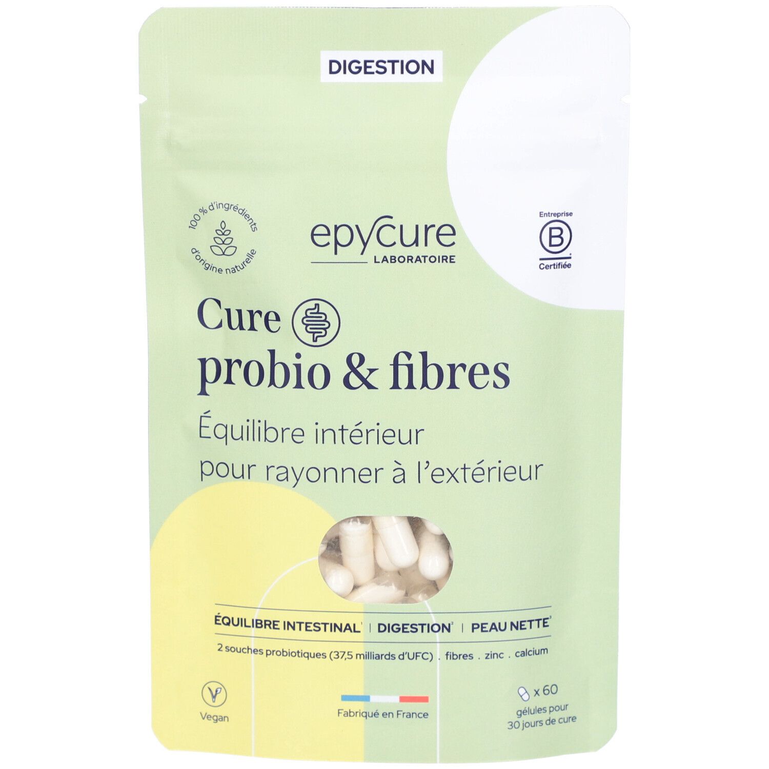 Sachet de gélules Epycure Probio & Fibres. Logo, texte et gélules visibles. Design vert et blanc.